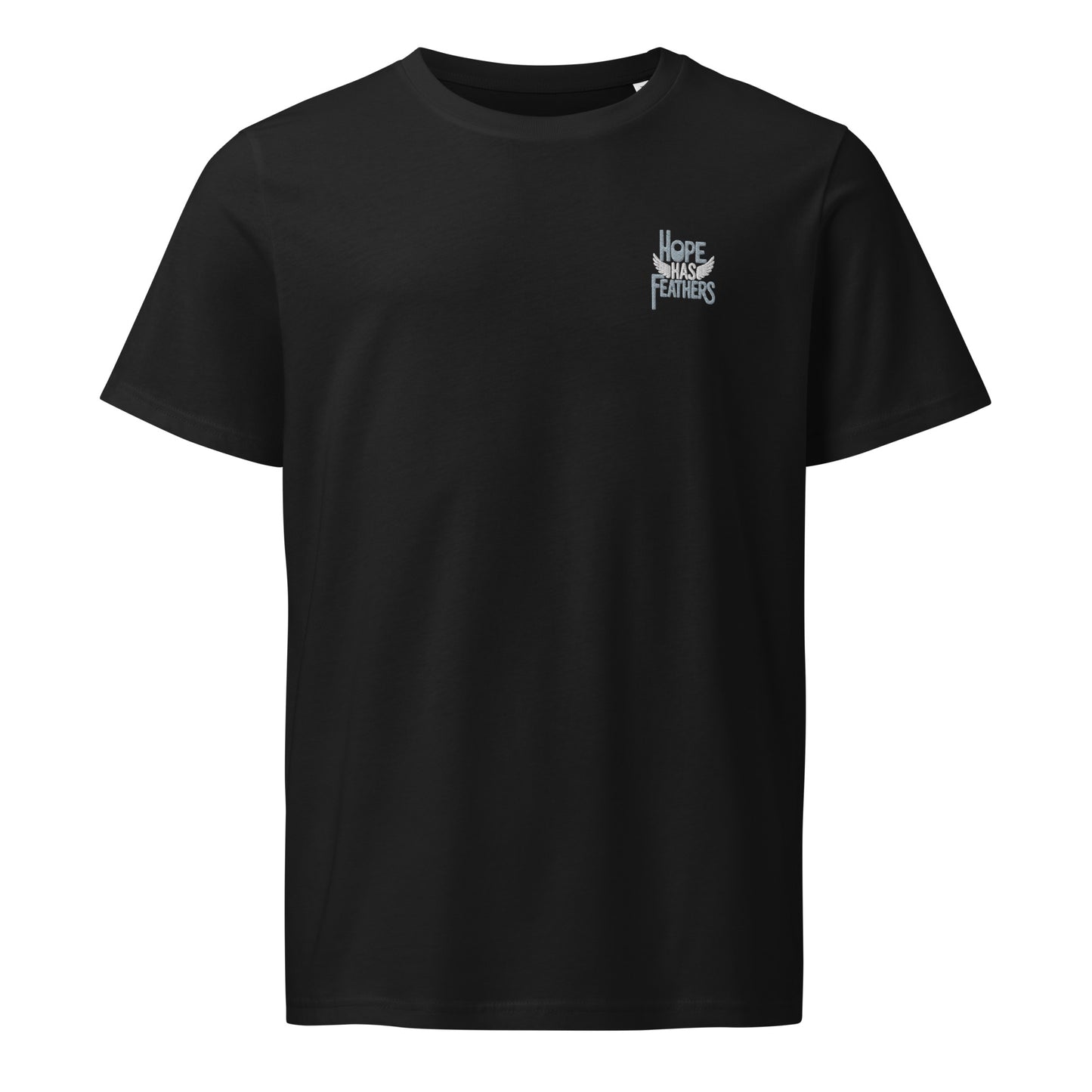 Unisex Organic Mid-Light T-Shirt "Hope Has Feathers" – Embroidered Eco-Friendly Owl Clothing Black Dudeily