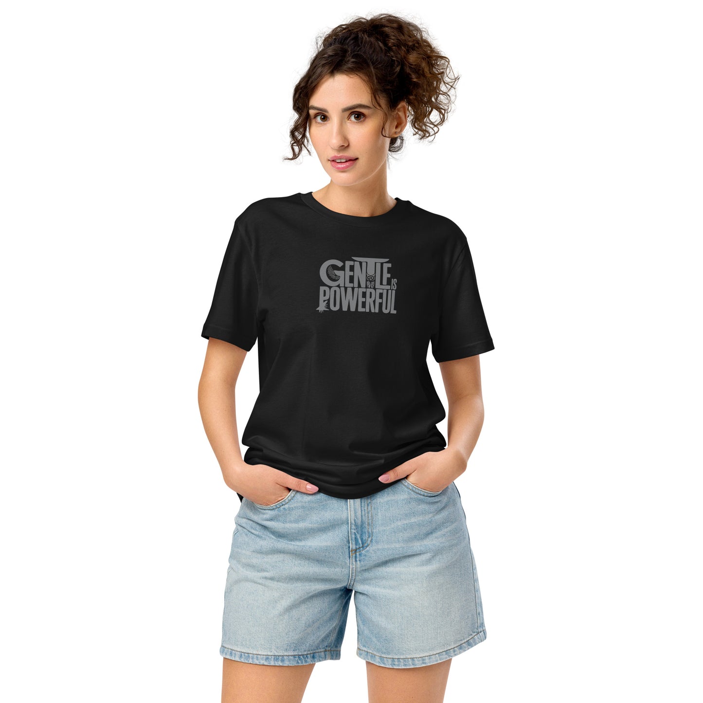 Unisex Organic Mid-Light T-Shirt "Gentle is Powerful" – Owl Print Sustainable Fashion Dudeily