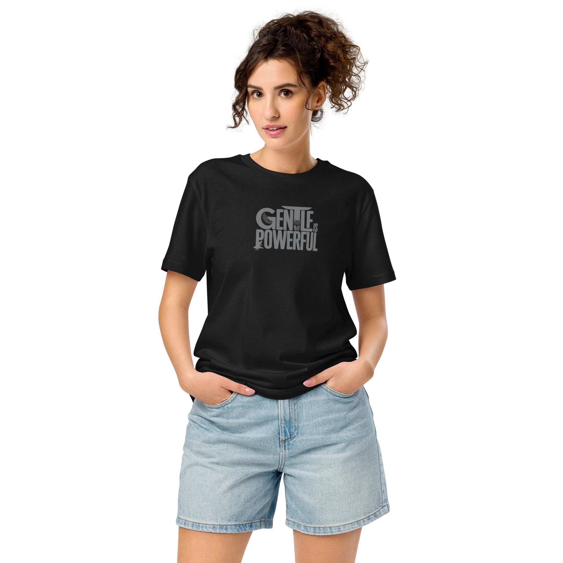 Unisex Organic Mid-Light T-Shirt "Gentle is Powerful" – Owl Print Sustainable Fashion Dudeily