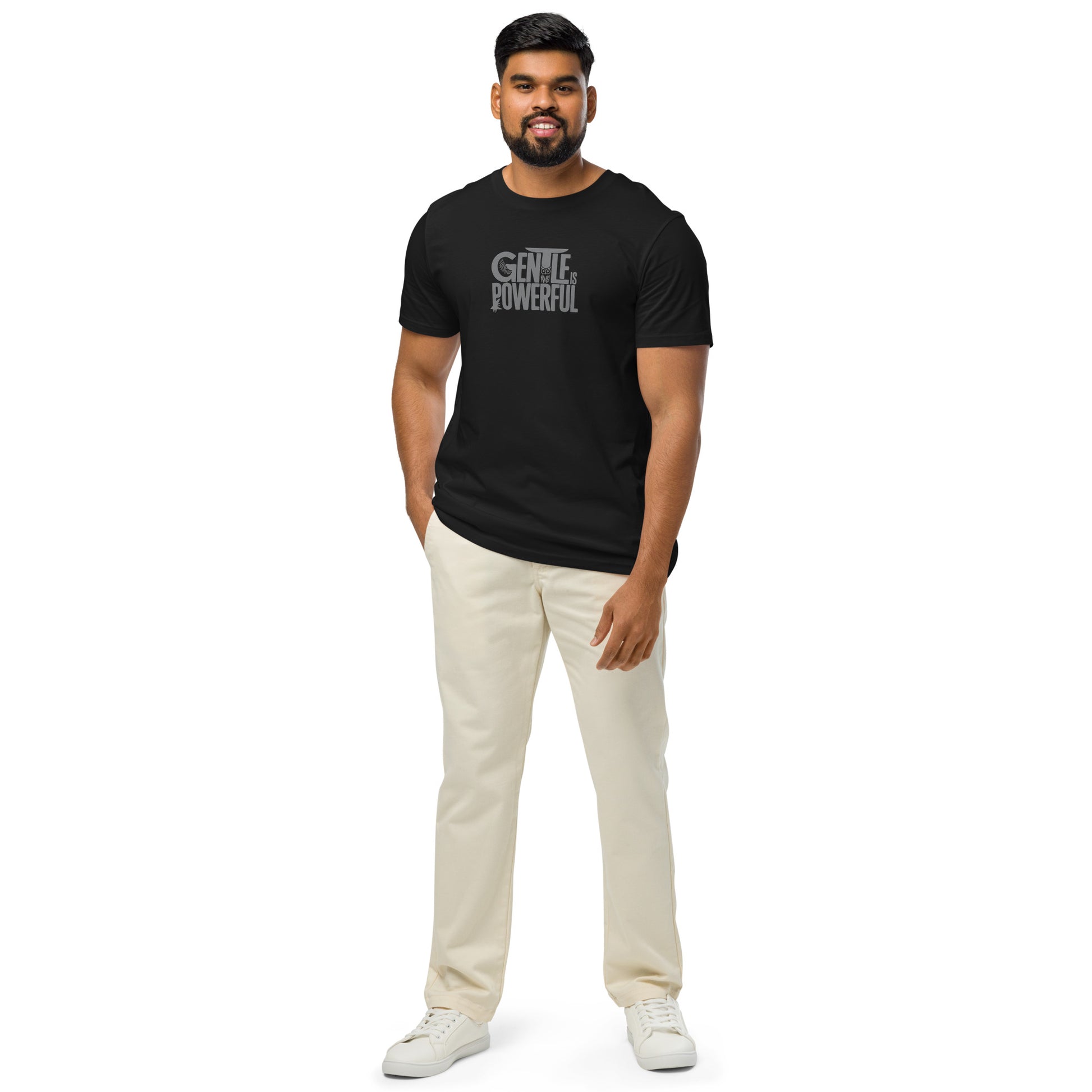 Unisex Organic Mid-Light T-Shirt "Gentle is Powerful" – Owl Print Sustainable Fashion Dudeily