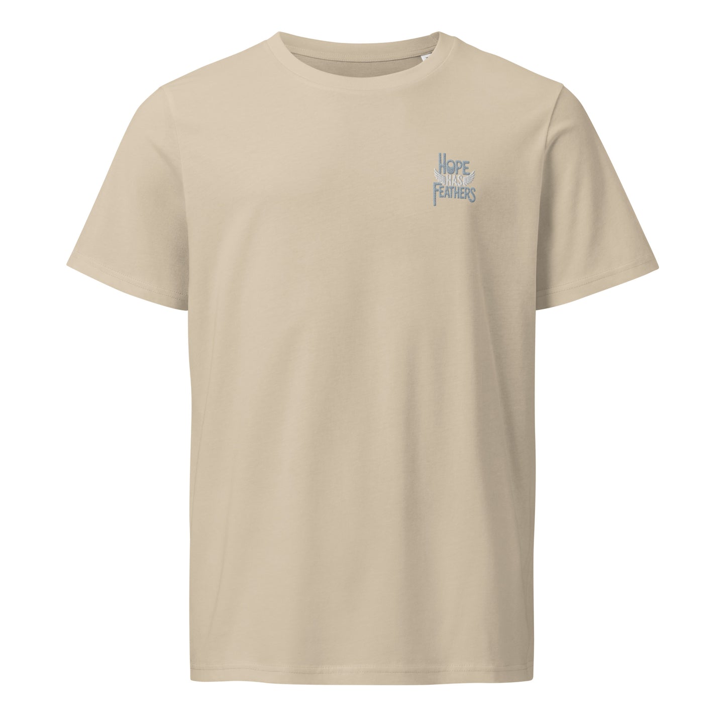 Unisex Organic Mid-Light T-Shirt "Hope Has Feathers" – Embroidered Eco-Friendly Owl Clothing Desert Dust Dudeily