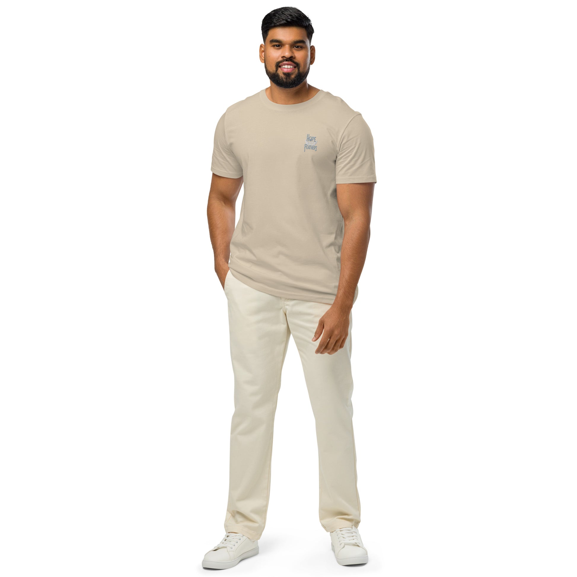 Unisex Organic Mid-Light T-Shirt "Hope Has Feathers" – Embroidered Eco-Friendly Owl Clothing Dudeily