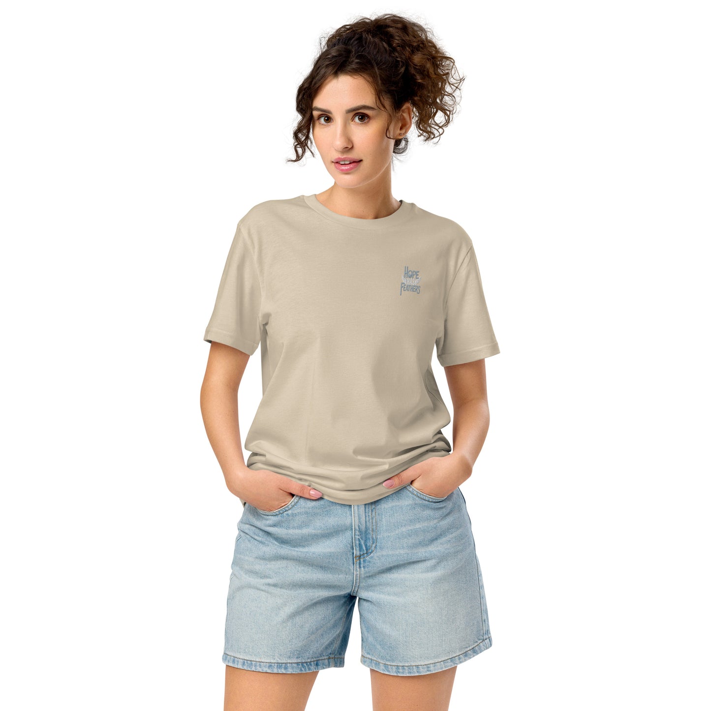 Unisex Organic Mid-Light T-Shirt "Hope Has Feathers" – Embroidered Eco-Friendly Owl Clothing Dudeily