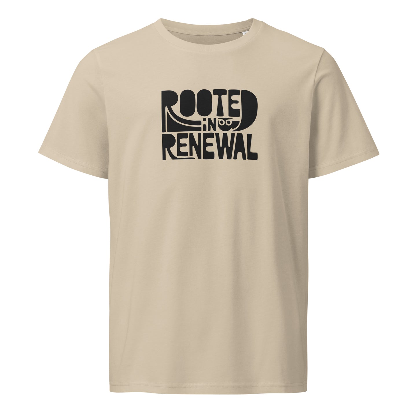 Unisex Organic Mid-Light T-Shirt "Rooted In Renewal" – Owl Print Sustainable Fashion Desert Dust Dudeily