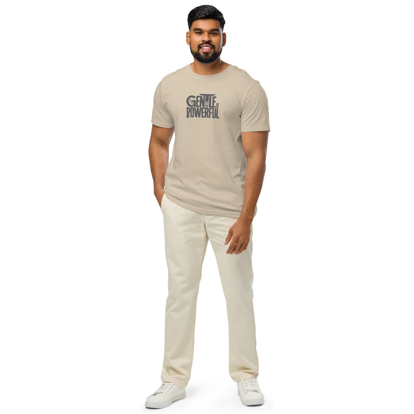 Unisex Organic Mid-Light T-Shirt "Gentle is Powerful" – Owl Print Sustainable Fashion Dudeily