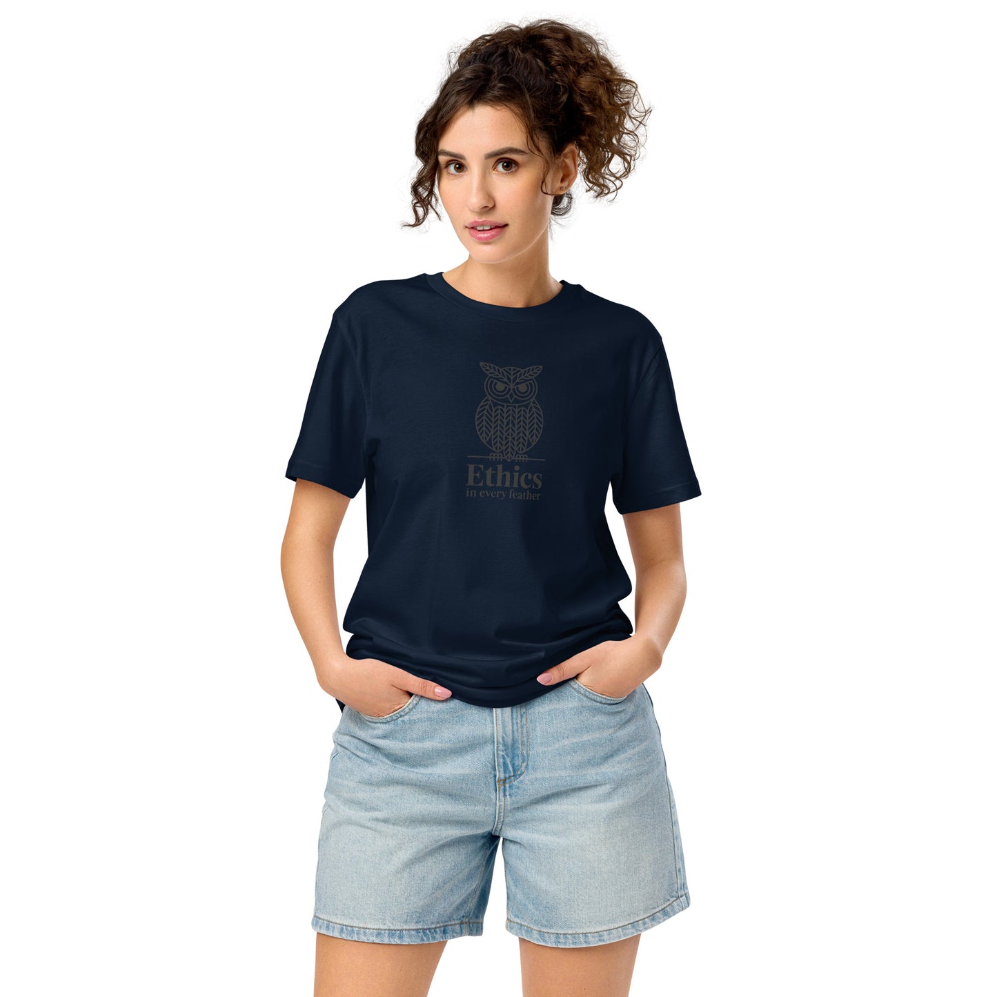 Unisex Organic Mid-Light T-Shirt: 'Ethics in Every Feather' | Sustainable Owl Fashion USA French Navy Dudeily