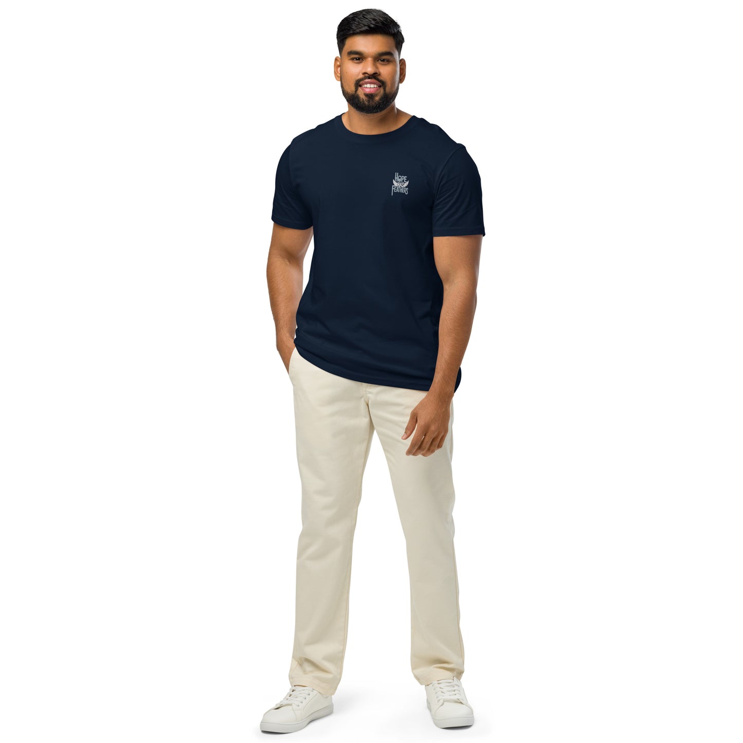 Unisex Organic Mid-Light T-Shirt "Hope Has Feathers" – Embroidered Eco-Friendly Owl Clothing Dudeily