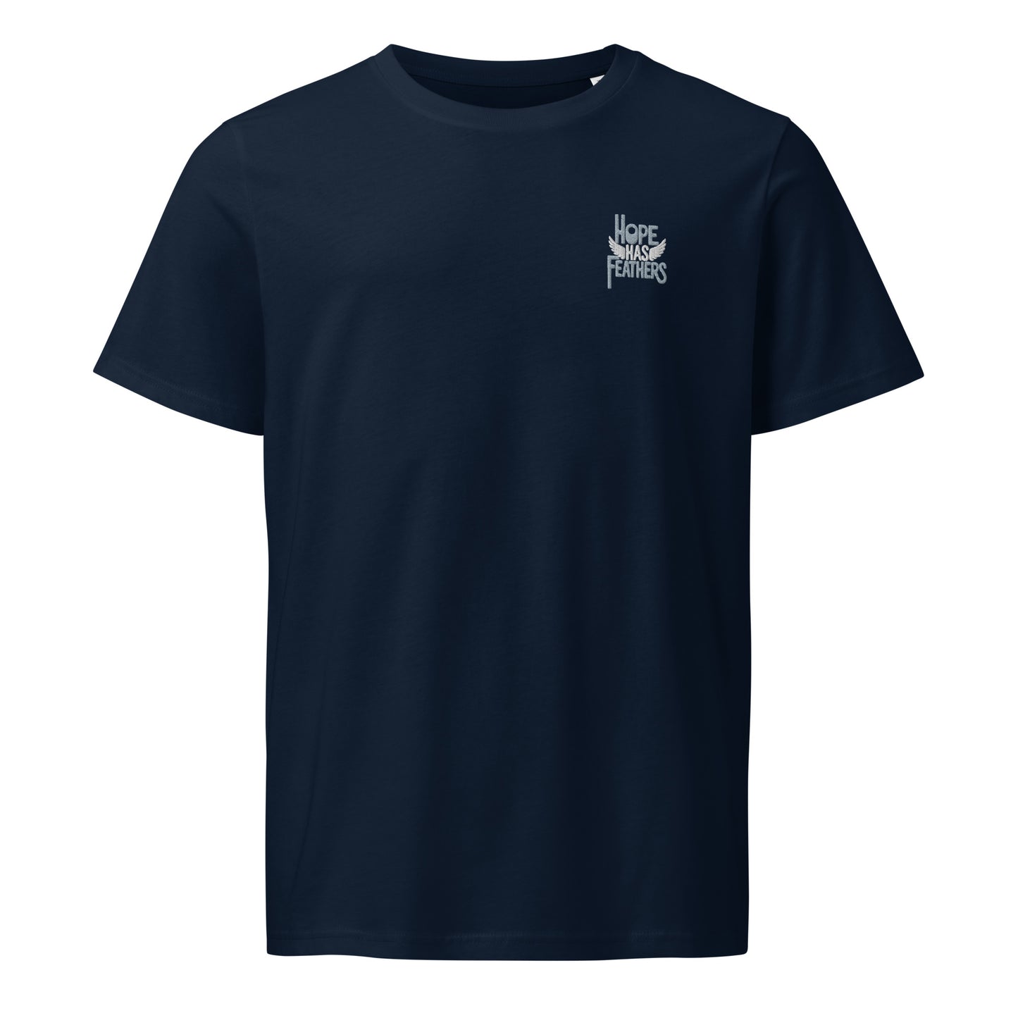 Unisex Organic Mid-Light T-Shirt "Hope Has Feathers" – Embroidered Eco-Friendly Owl Clothing French Navy Dudeily