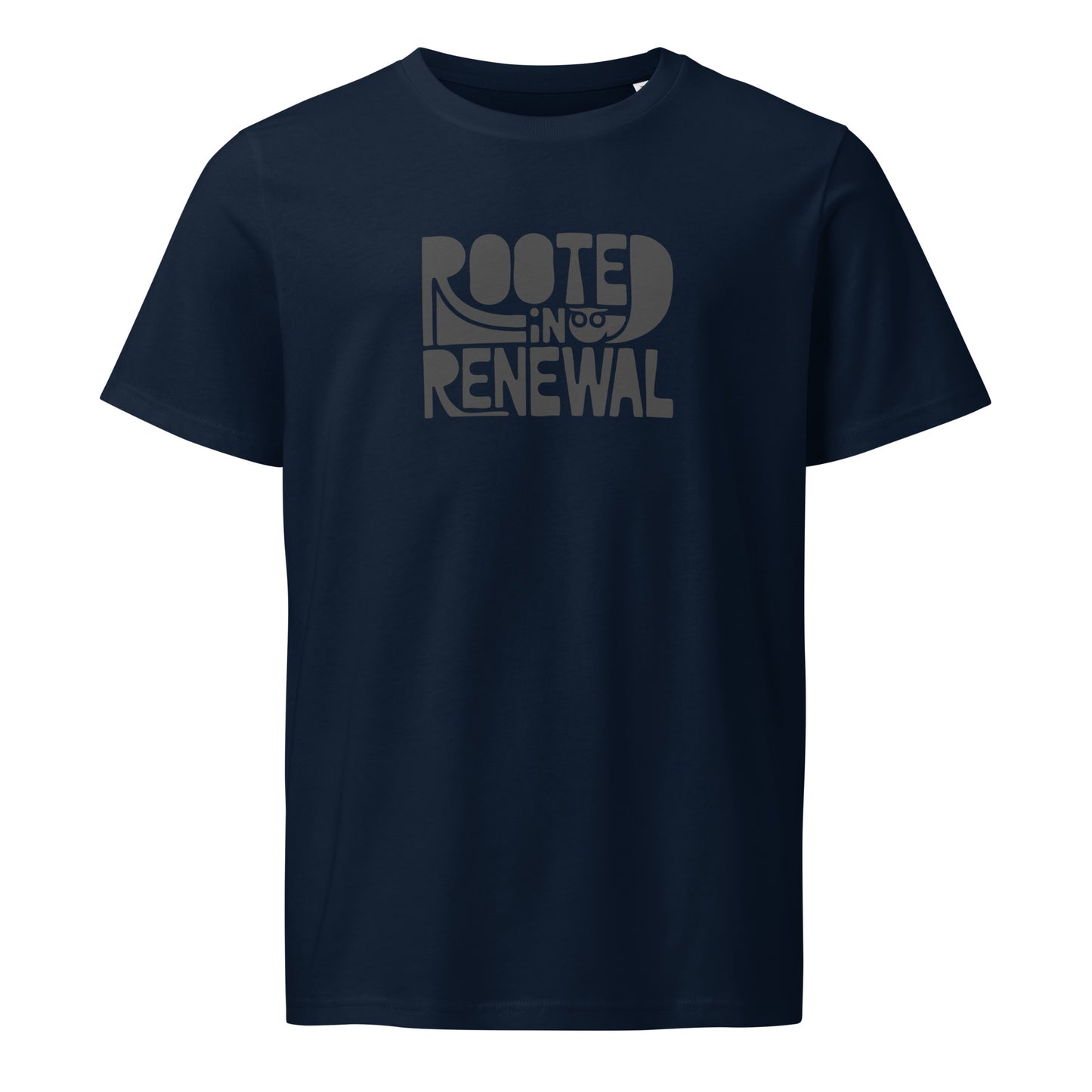 Unisex Organic Mid-Light T-Shirt "Rooted In Renewal" – Owl Print Sustainable Fashion French Navy Dudeily