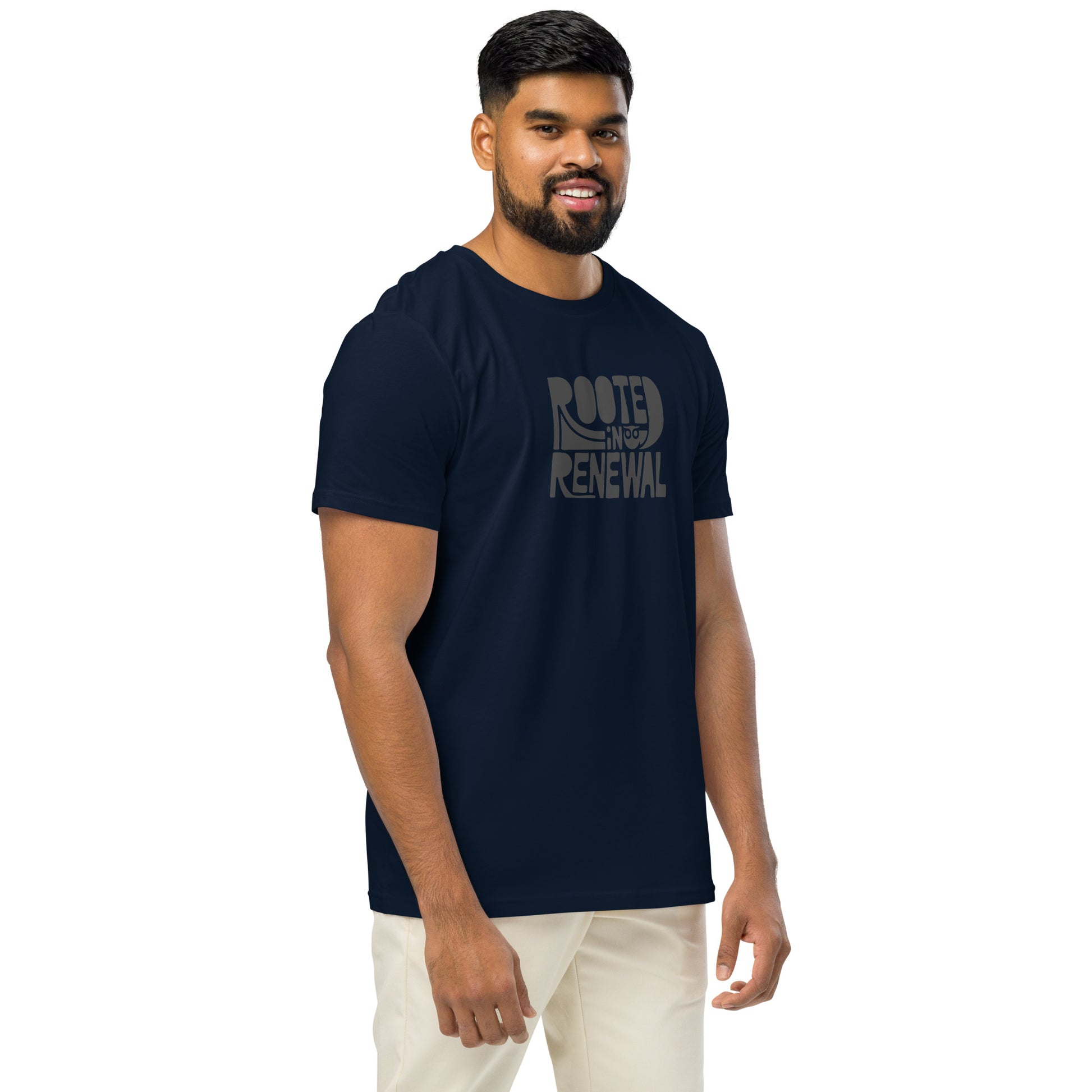 Unisex Organic Mid-Light T-Shirt "Rooted In Renewal" – Owl Print Eco-Friendly Owl Clothing Dudeily