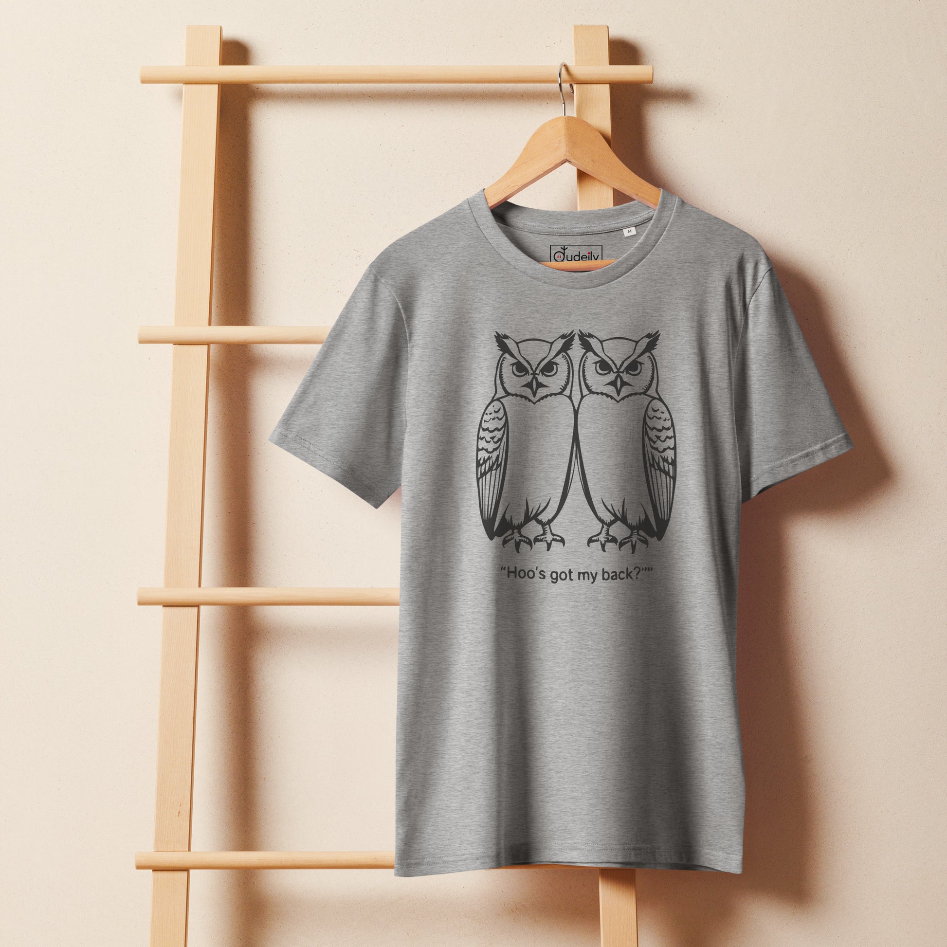 Unisex Organic Mid-Light T-Shirt: Hoo’s Got My Back? | Owl-Themed Sustainable Fashion USA by Dudeily Dudeily