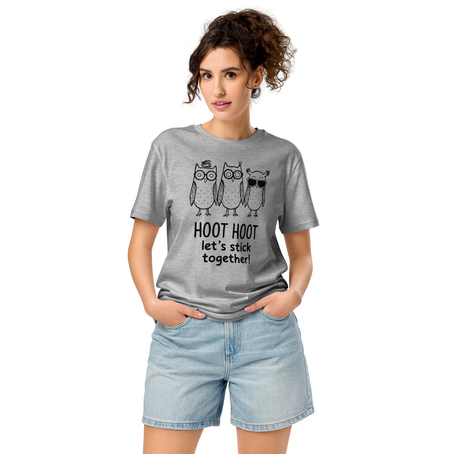 Unisex Organic Mid-Light T-Shirt: Hoot Hoot Let’s Stick Together! | Owl-Themed Sustainable Fashion USA Heather Grey Dudeily