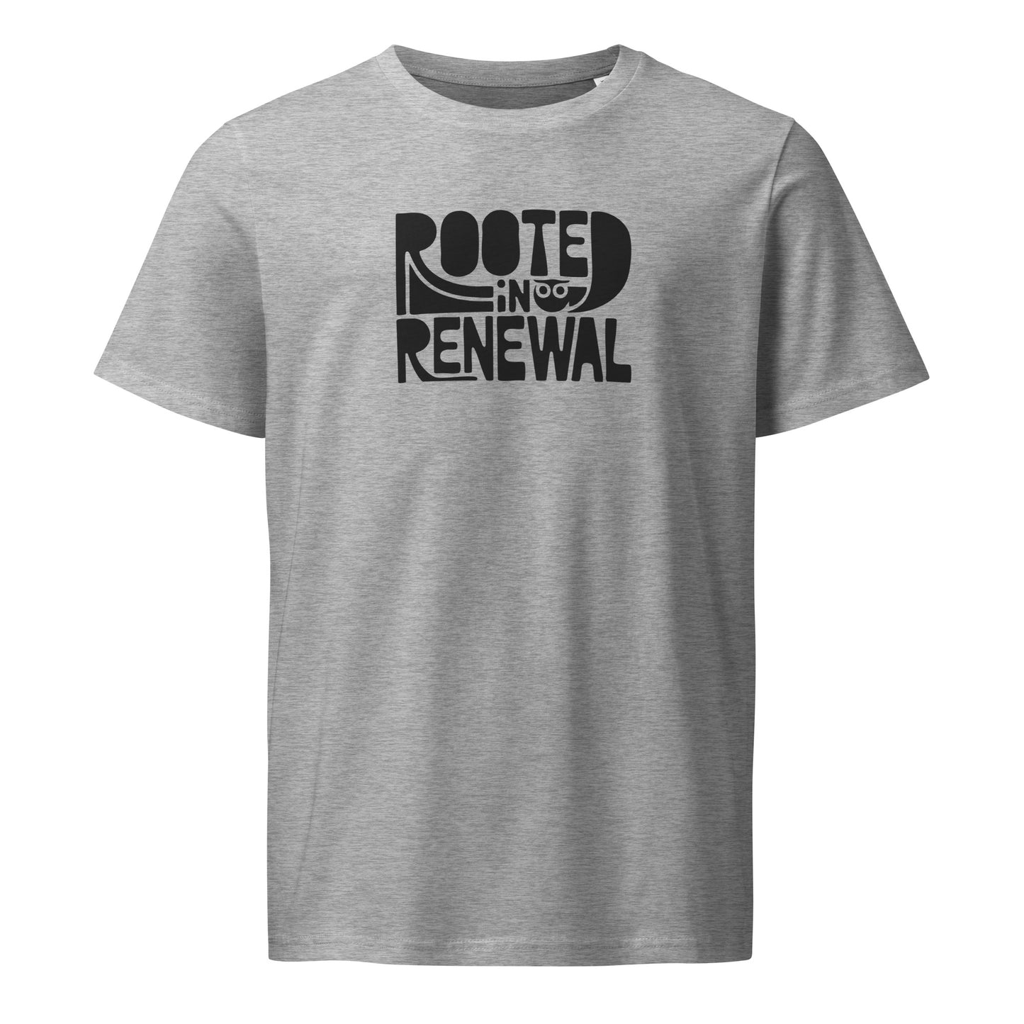 Unisex Organic Mid-Light T-Shirt "Rooted In Renewal" – Owl Print Eco-Friendly Owl Clothing Heather Grey Dudeily