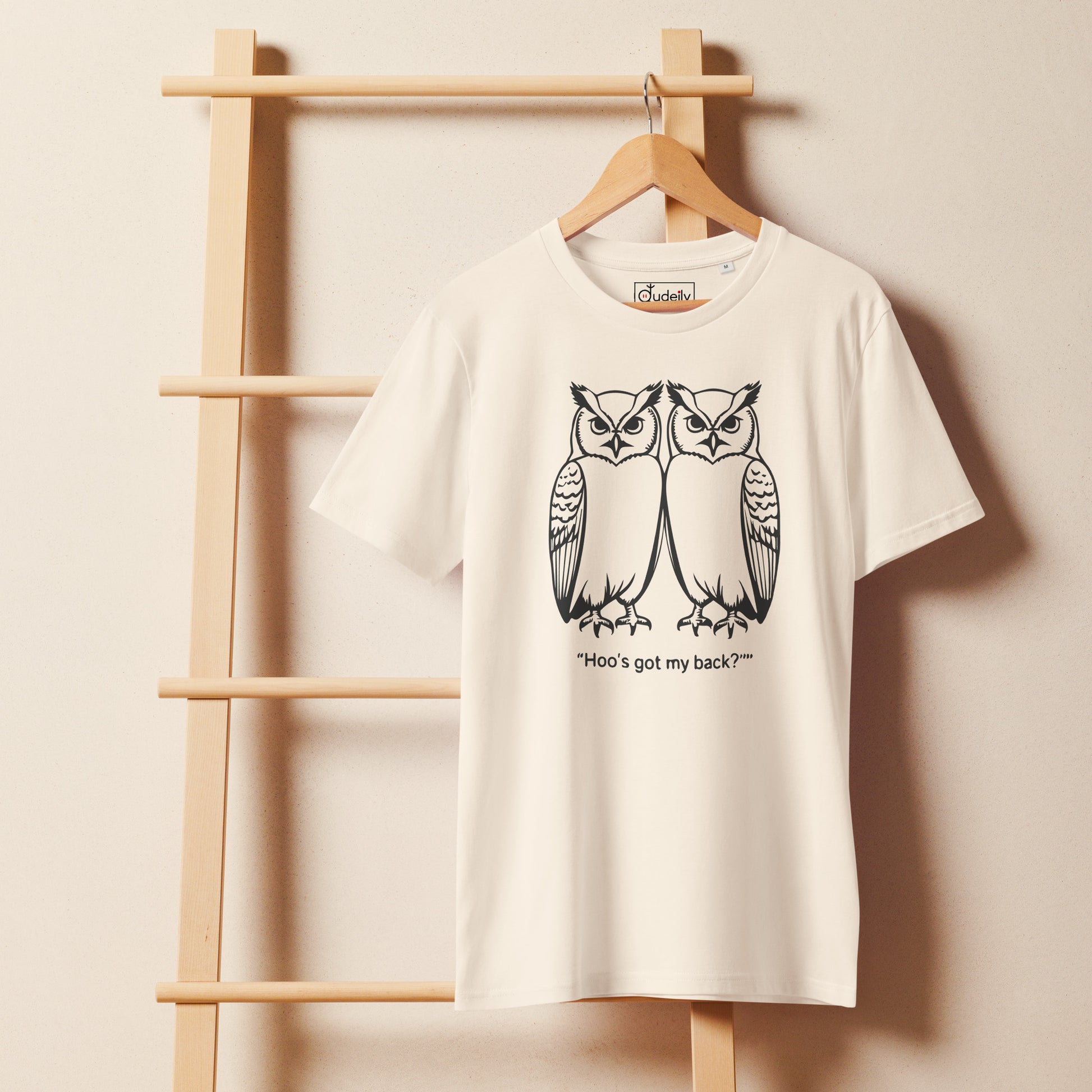 Unisex Organic Mid-Light T-Shirt: Hoo’s Got My Back? | Owl-Themed Sustainable Fashion USA by Dudeily Dudeily