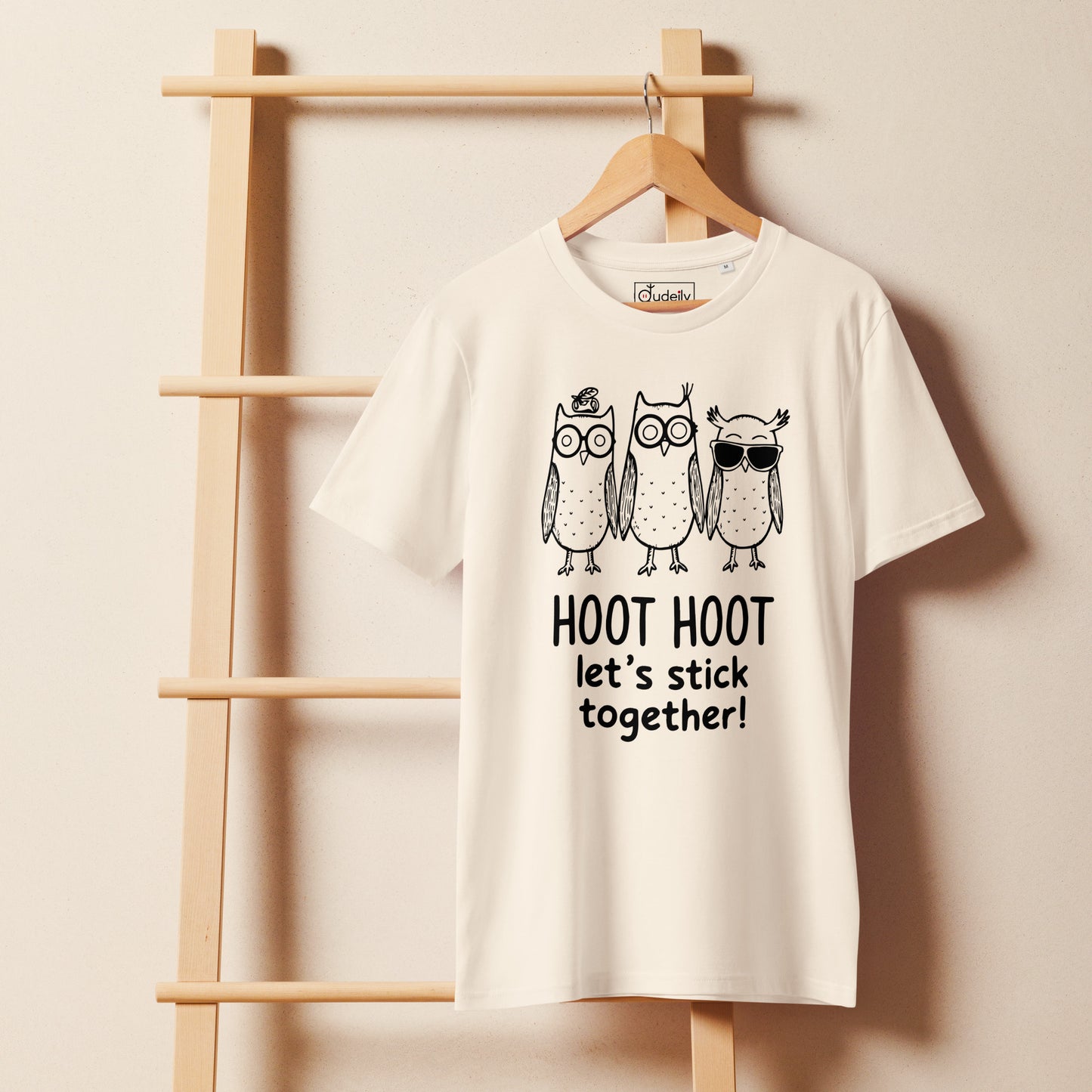 Unisex Organic Mid-Light T-Shirt: Hoot Hoot Let’s Stick Together! | Owl-Themed Sustainable Fashion USA Dudeily