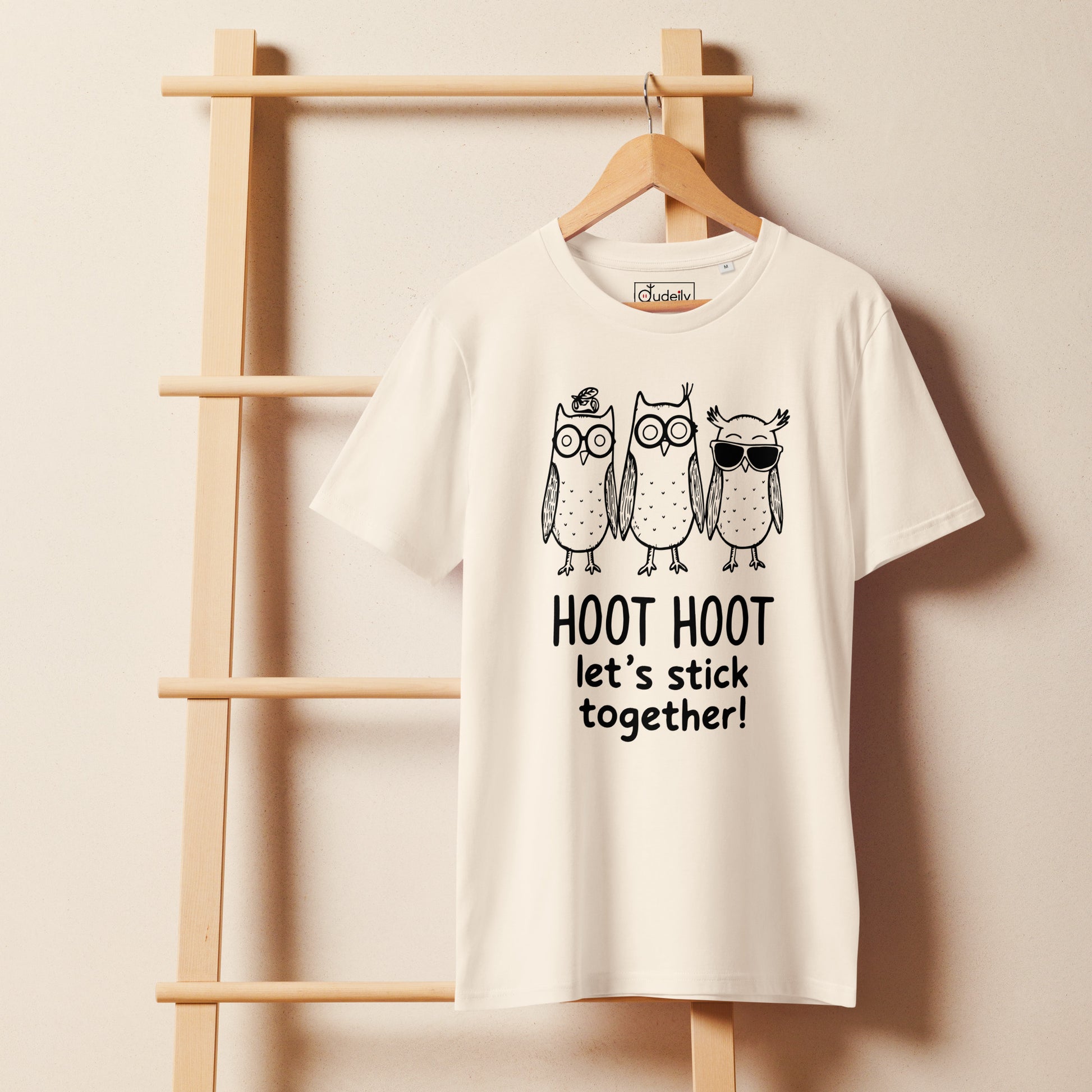 Unisex Organic Mid-Light T-Shirt: Hoot Hoot Let’s Stick Together! | Owl-Themed Sustainable Fashion USA Dudeily