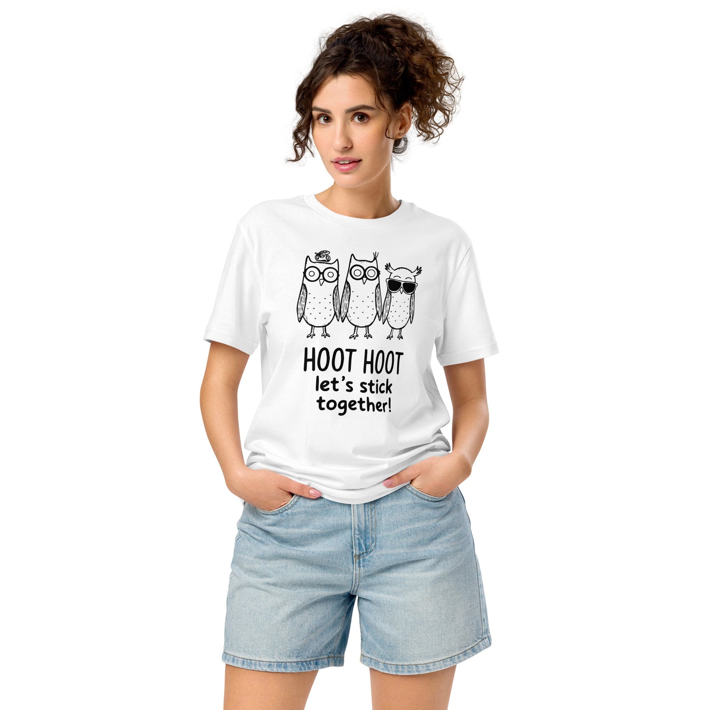 Unisex Organic Mid-Light T-Shirt: Hoot Hoot Let’s Stick Together! | Owl-Themed Sustainable Fashion USA White Dudeily