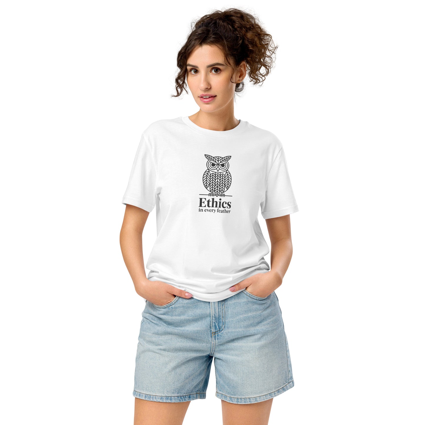 Unisex Organic Mid-Light T-Shirt: 'Ethics in Every Feather' | Sustainable Owl Fashion USA White Dudeily
