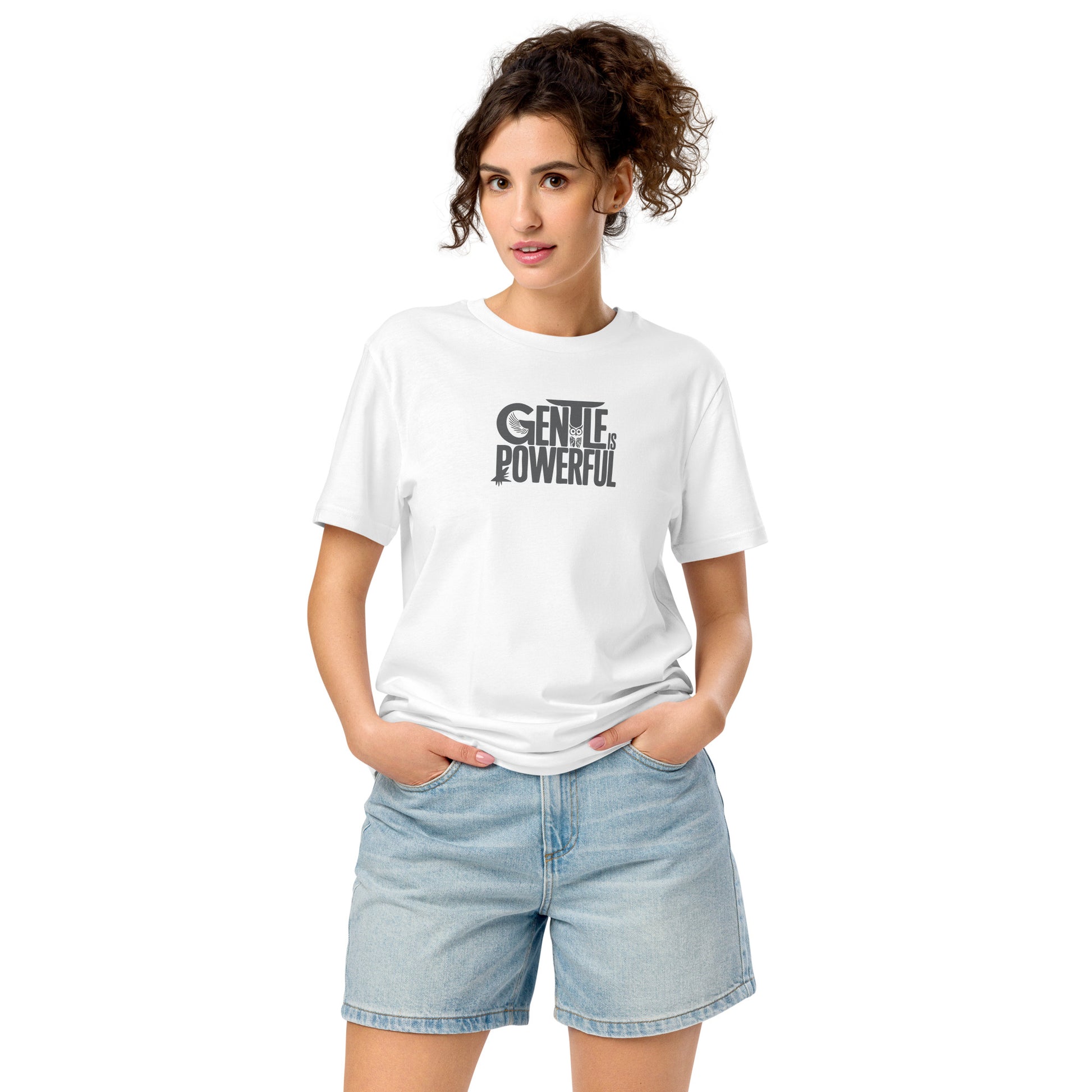Unisex Organic Mid-Light T-Shirt "Gentle is Powerful" – Owl Print Sustainable Fashion Dudeily