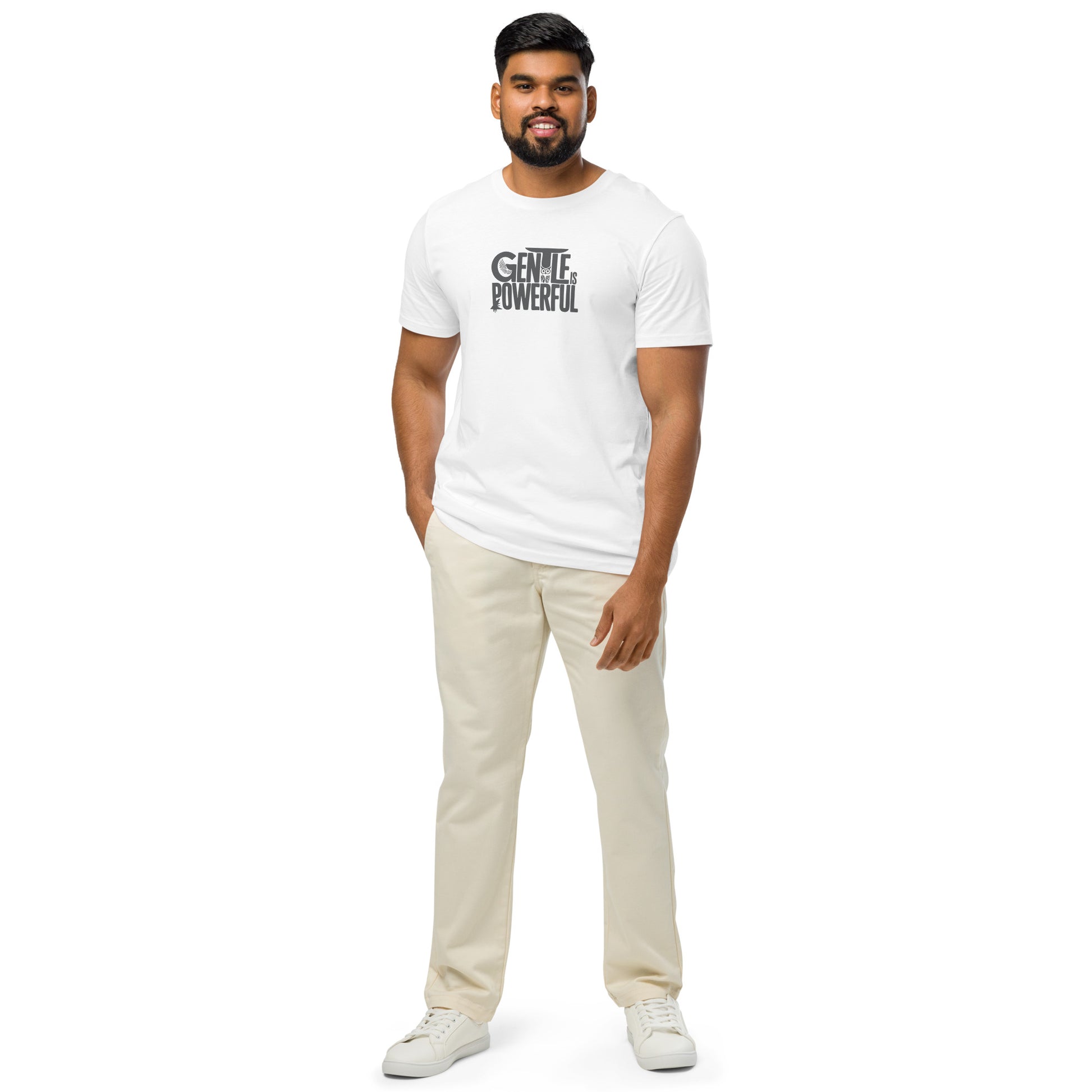 Unisex Organic Mid-Light T-Shirt "Gentle is Powerful" – Owl Print Sustainable Fashion Dudeily