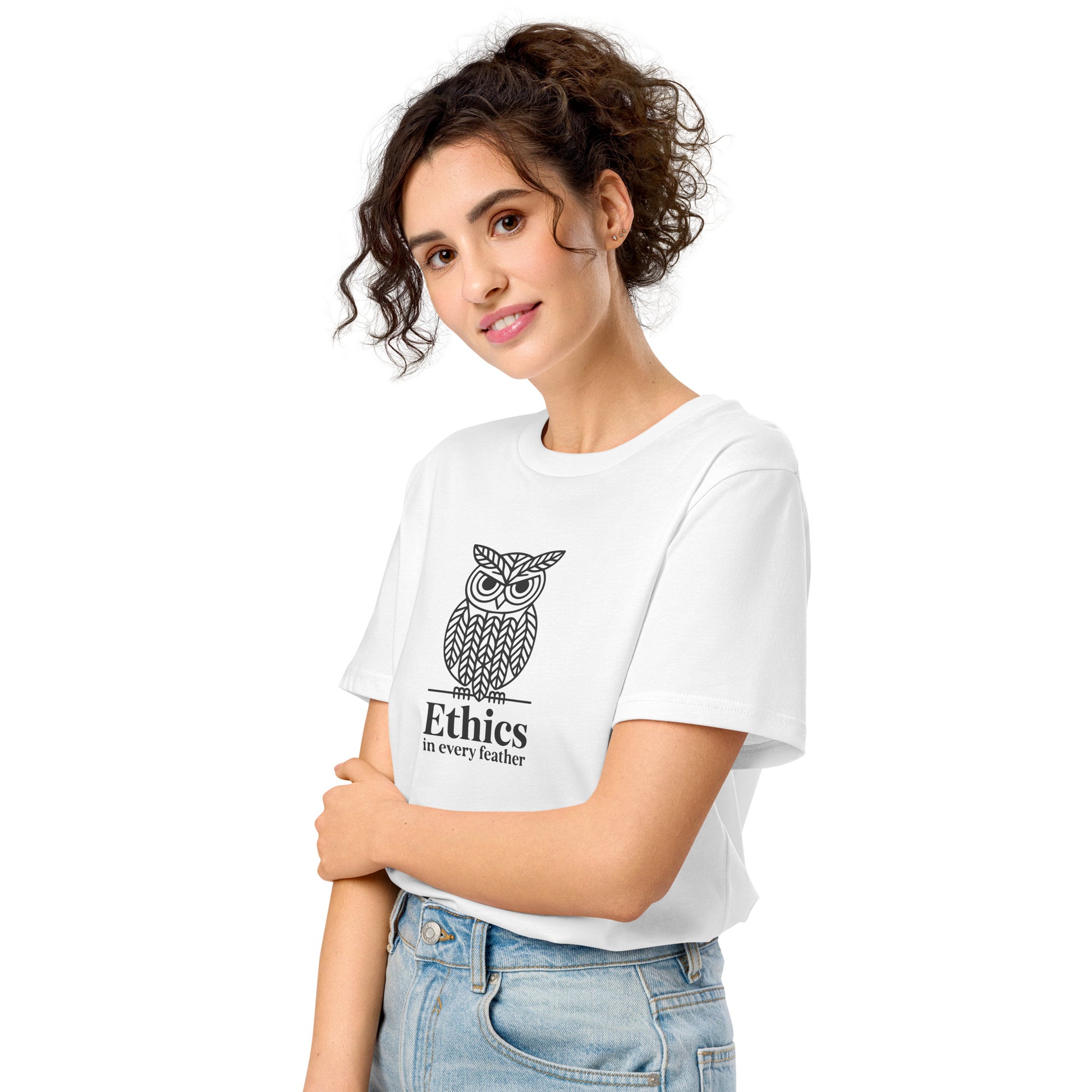 Unisex Organic Mid-Light T-Shirt: 'Ethics in Every Feather' | Sustainable Owl Fashion USA Dudeily