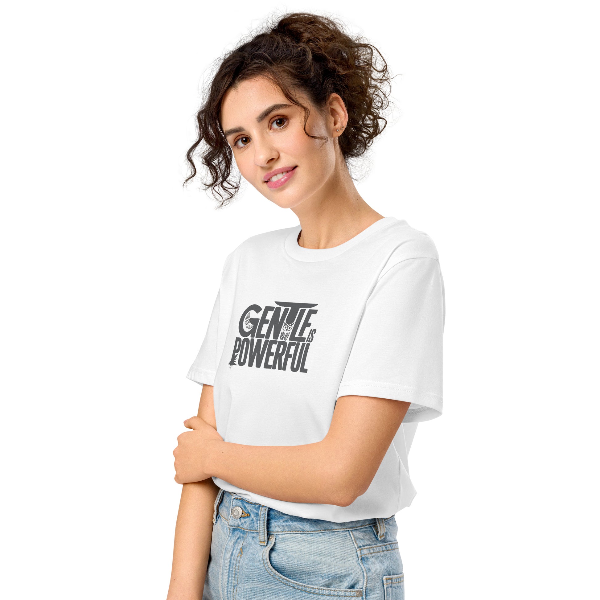 Unisex Organic Mid-Light T-Shirt "Gentle is Powerful" – Owl Print Sustainable Fashion Dudeily