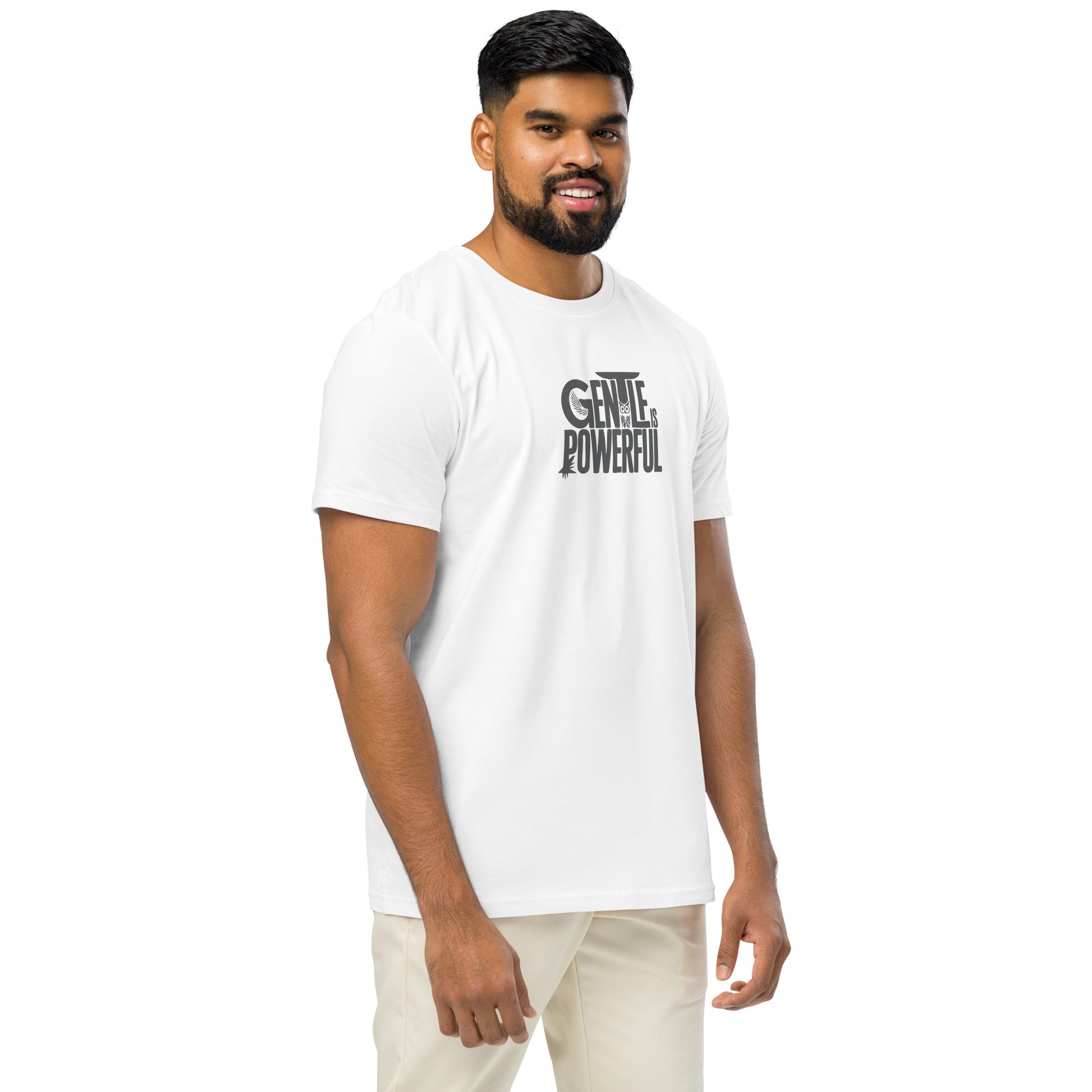 Unisex Organic Mid-Light T-Shirt "Gentle is Powerful" – Owl Print Sustainable Fashion Dudeily