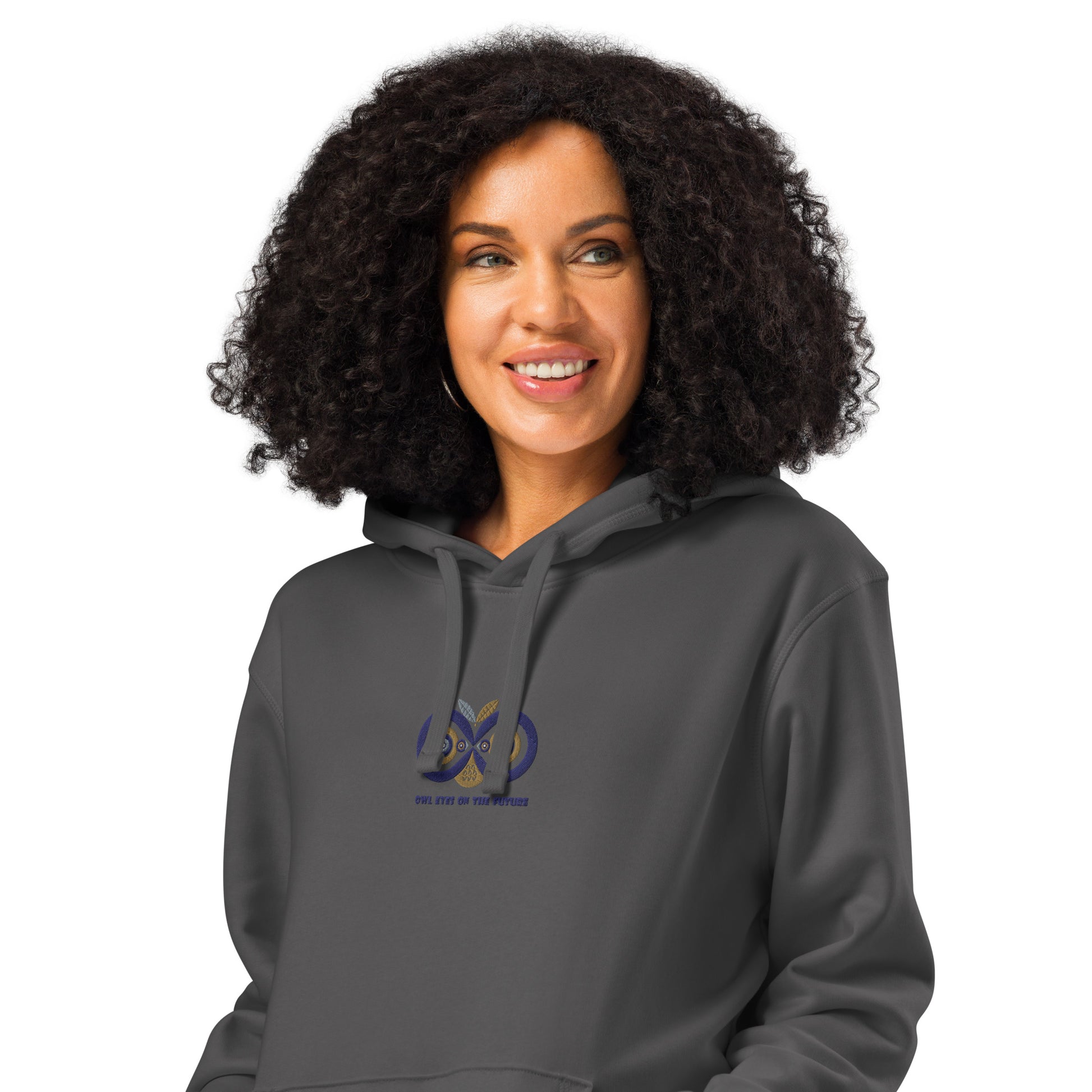 Embroidered Unisex Organic Mid-Weight Hoodie – Owl Eyes on the Future | Owl-Themed Sustainable Fashion Dudeily