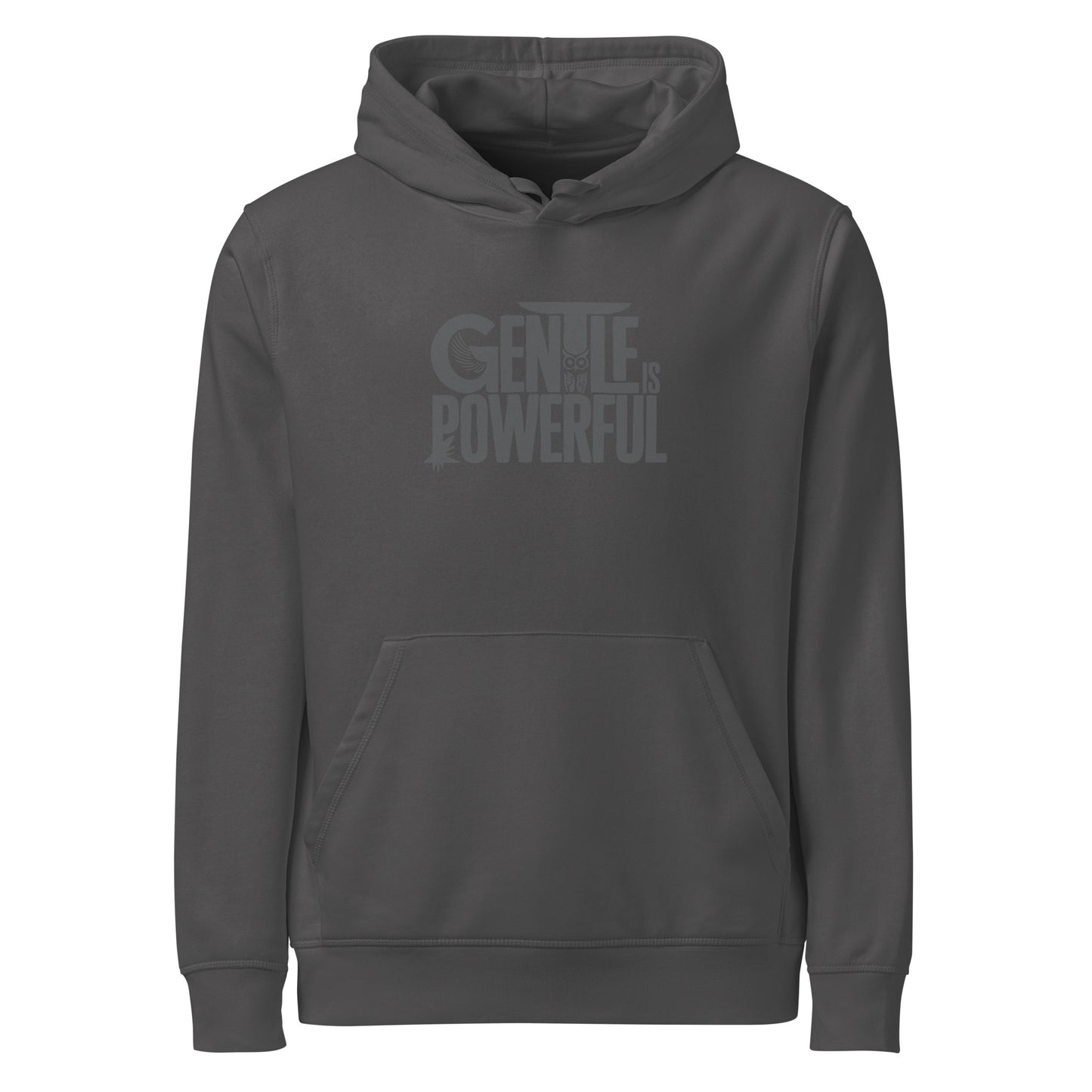 Unisex Organic Mid-Weight Hoodie "Gentle is Powerful" – Owl Print Sustainable Fashion Anthracite Dudeily