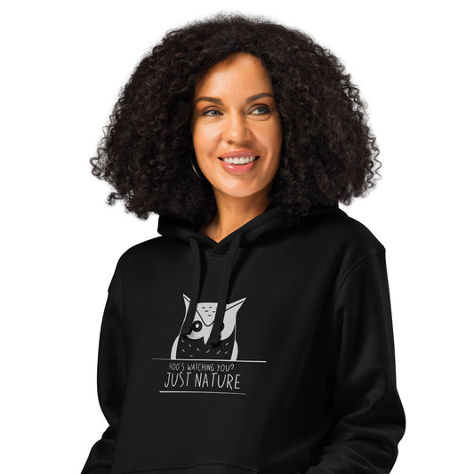 Owl Unisex Organic Mid-Weight Hoodie: 'Hoo's Watching You? Just Nature' in Fall | Eco-Friendly Owl Apparel USA Dudeily