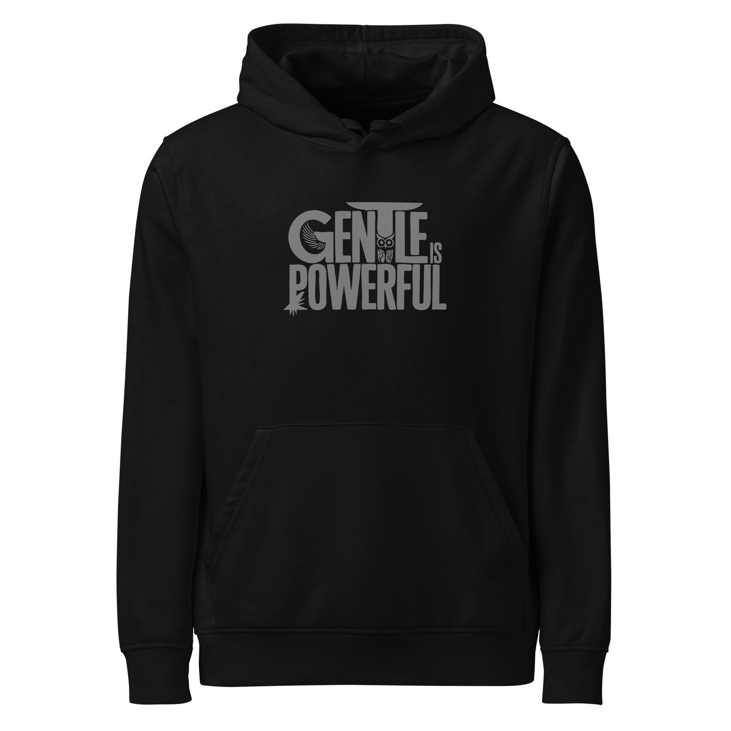 Unisex Organic Mid-Weight Hoodie "Gentle is Powerful" – Owl Print Sustainable Fashion Black Dudeily