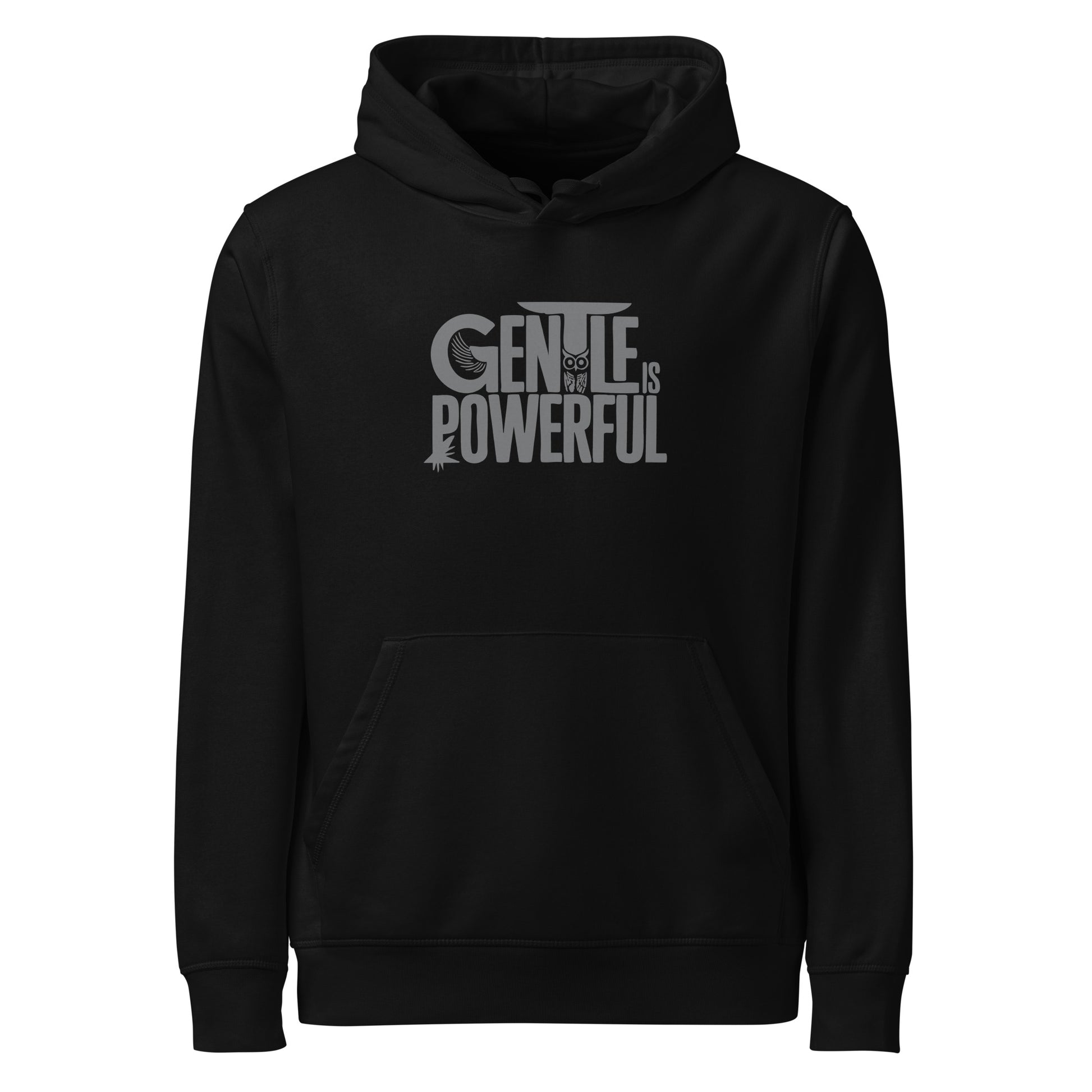 Unisex Organic Mid-Weight Hoodie "Gentle is Powerful" – Owl Print Sustainable Fashion Black Dudeily