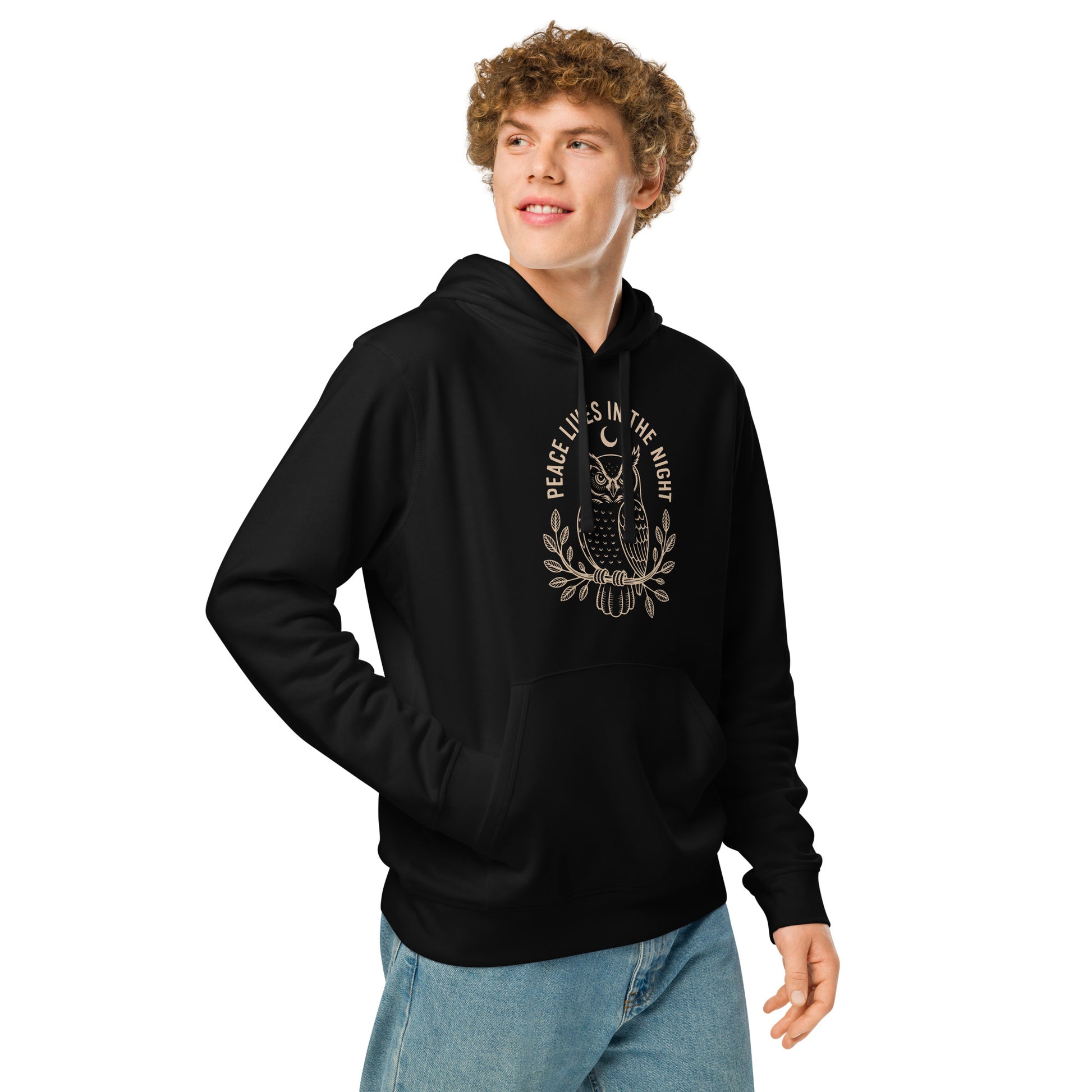 Unisex Organic Mid-Weight Hoodie: 'Peace in the Night' in Fall | Sustainable Owl Fashion USA Dudeily