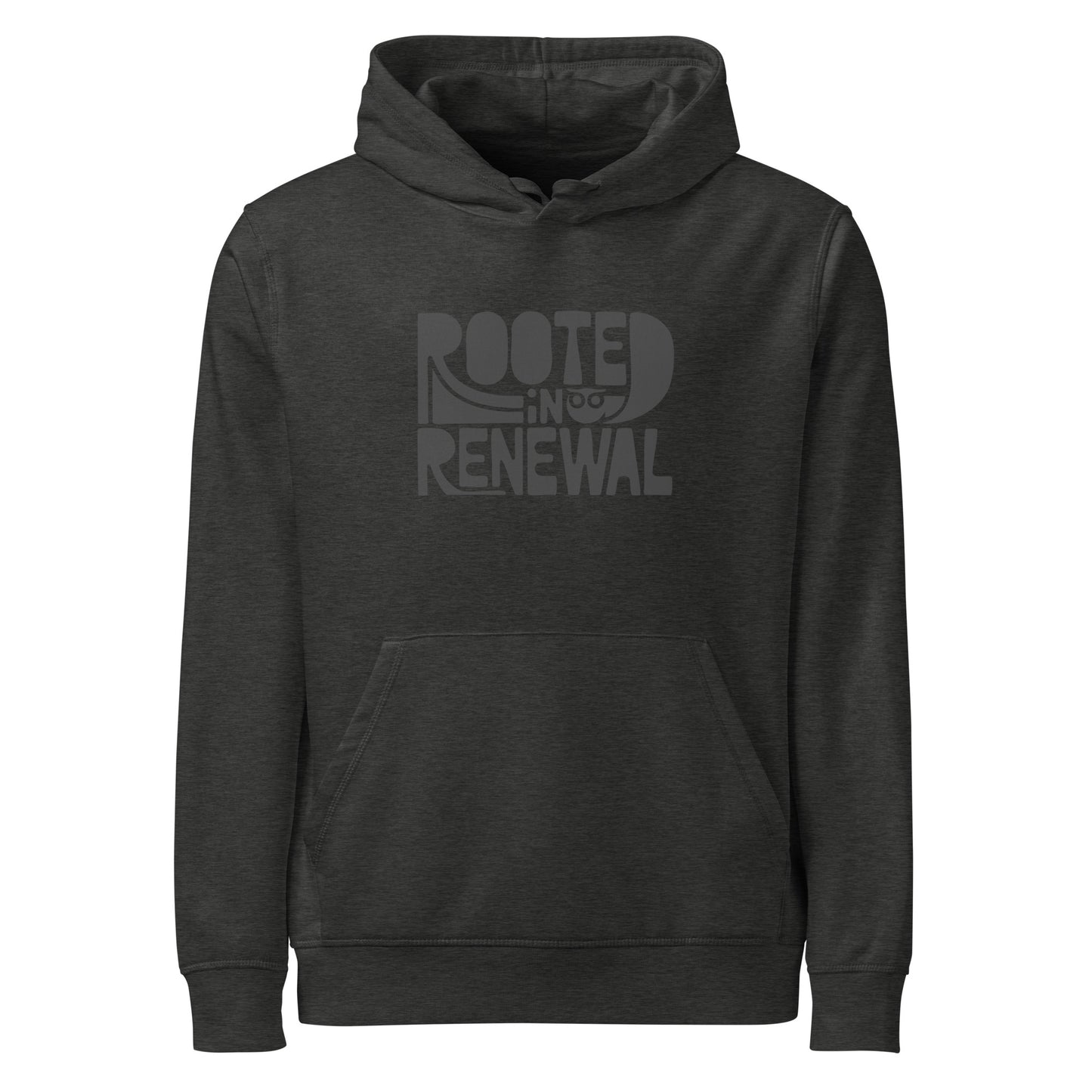 “Rooted In Renewal” Unisex Organic Mid-Weight Hoodie – Owl Print Sustainable Fashion Dark Heather Grey Dudeily