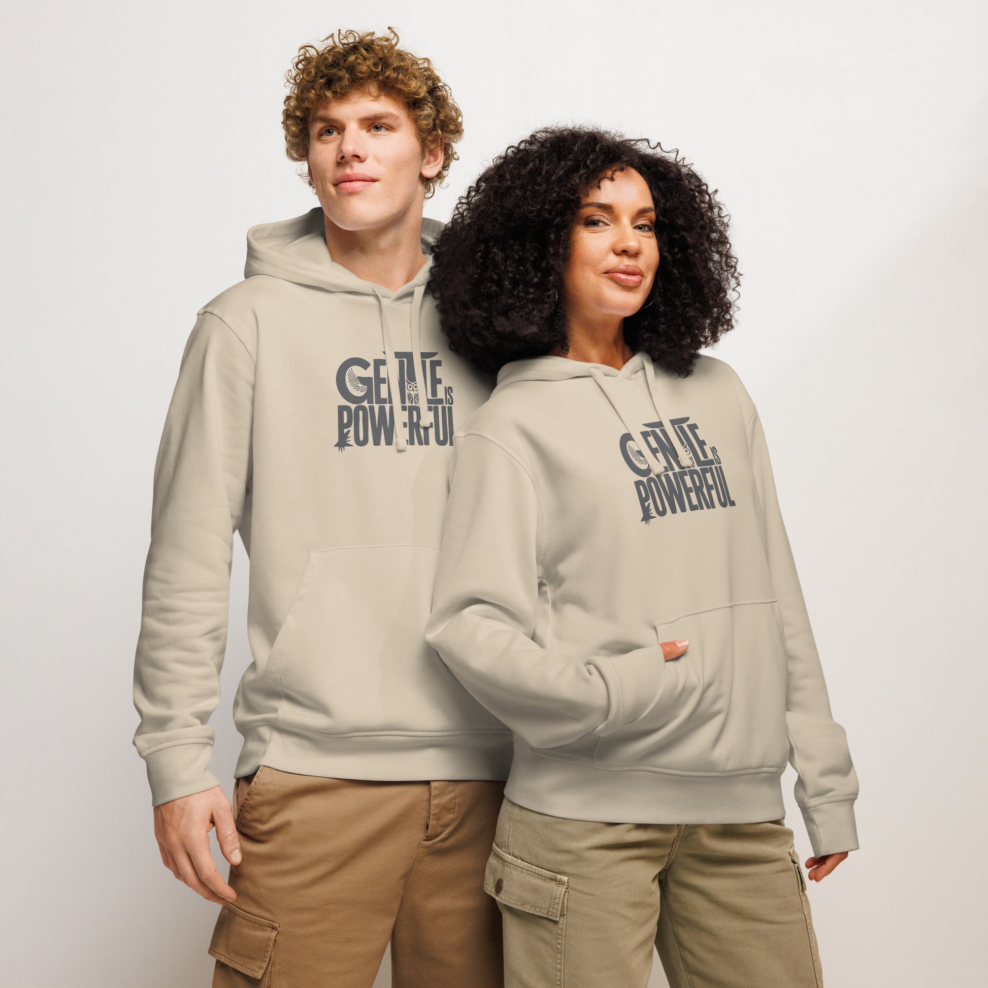 Unisex Organic Mid-Weight Hoodie "Gentle is Powerful" – Owl Print Sustainable Fashion Dudeily