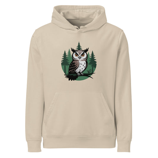 Unisex Organic Mid-Weight Hoodie – Forest Owl Print | Eco-Friendly Owl Clothing Desert Dust Dudeily