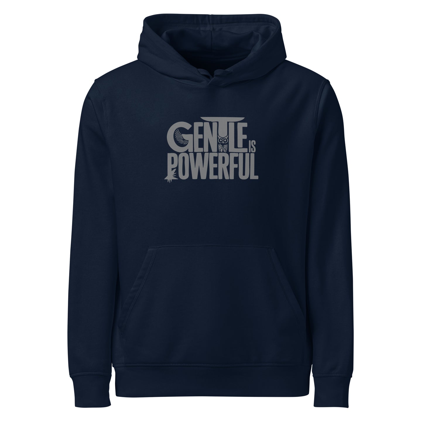 Unisex Organic Mid-Weight Hoodie "Gentle is Powerful" – Owl Print Sustainable Fashion French Navy Dudeily