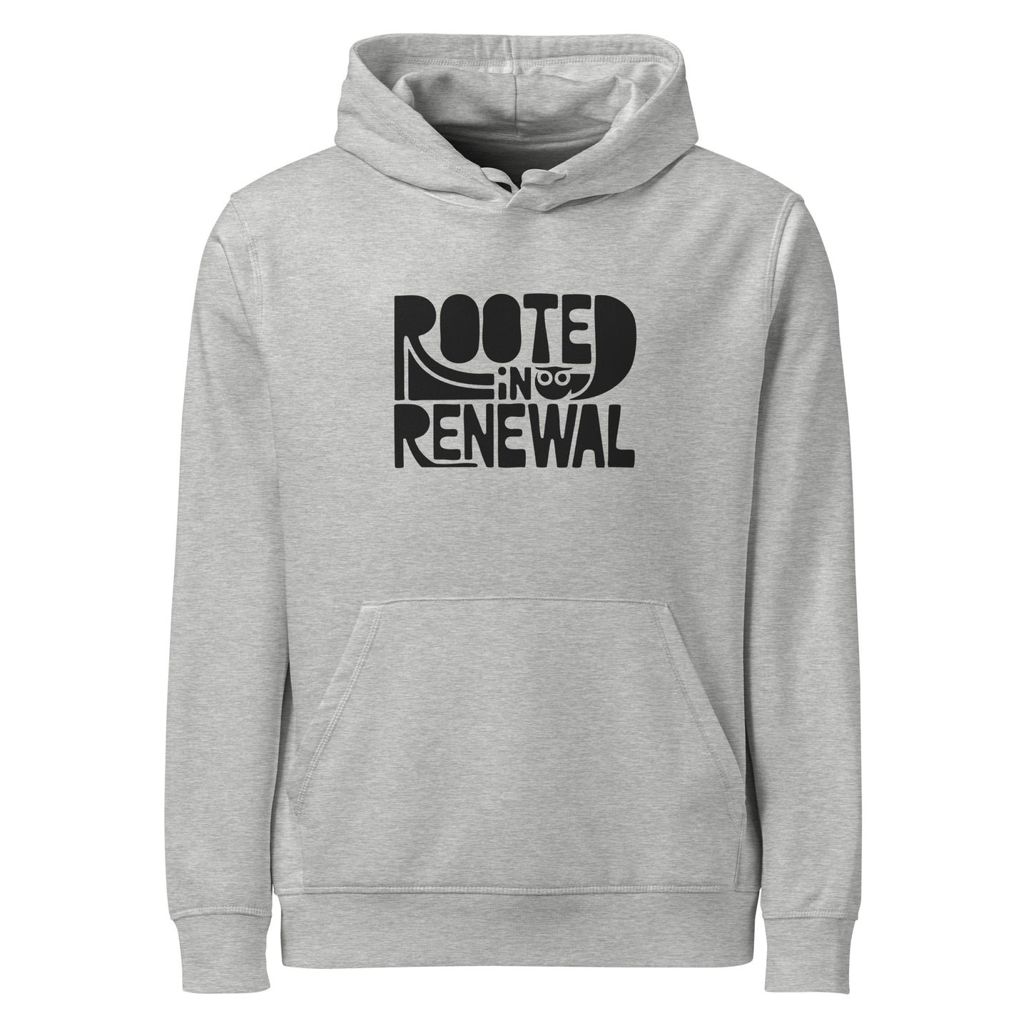 “Rooted In Renewal” Unisex Organic Mid-Weight Hoodie – Owl Print Sustainable Fashion Heather Grey Dudeily