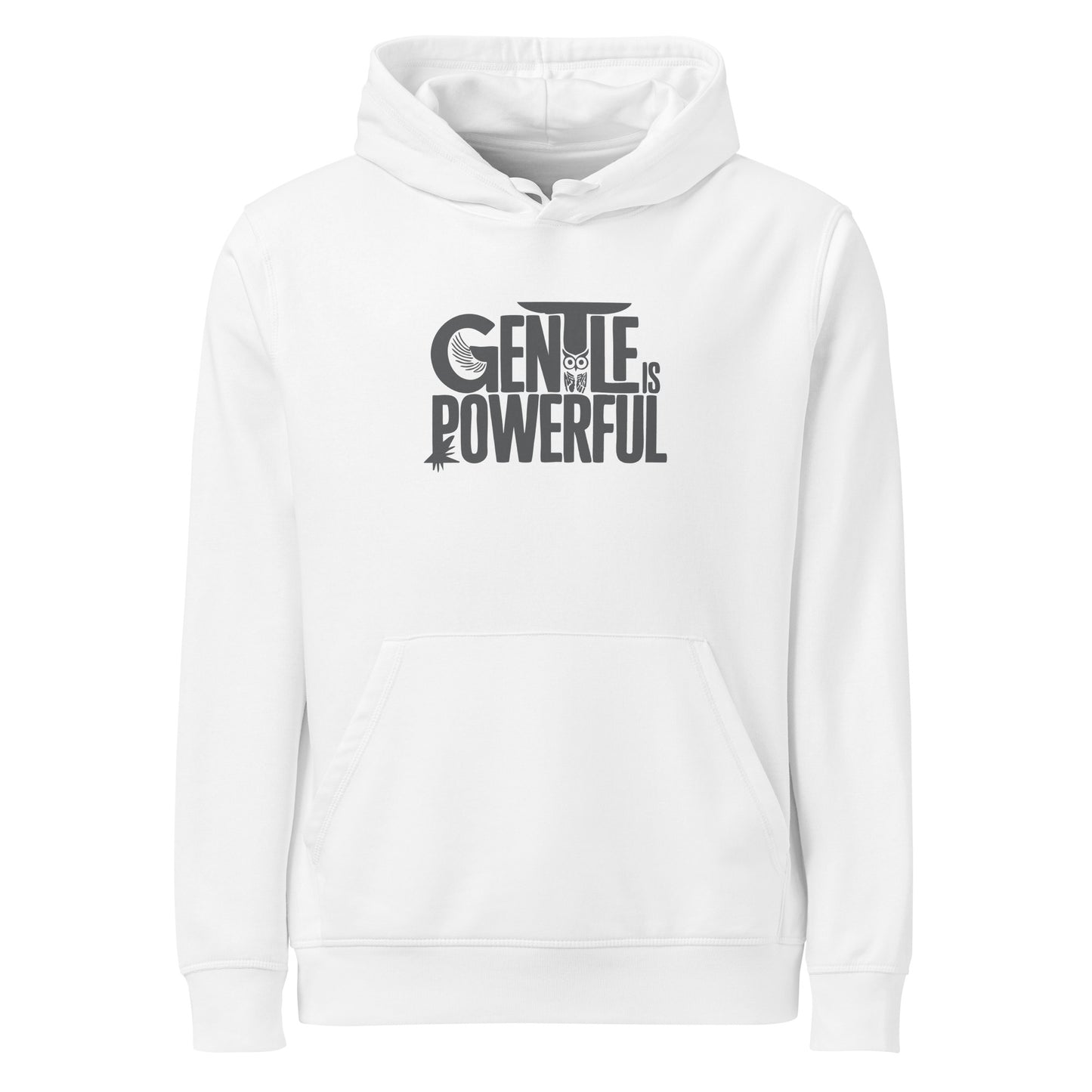 Unisex Organic Mid-Weight Hoodie "Gentle is Powerful" – Owl Print Sustainable Fashion White Dudeily