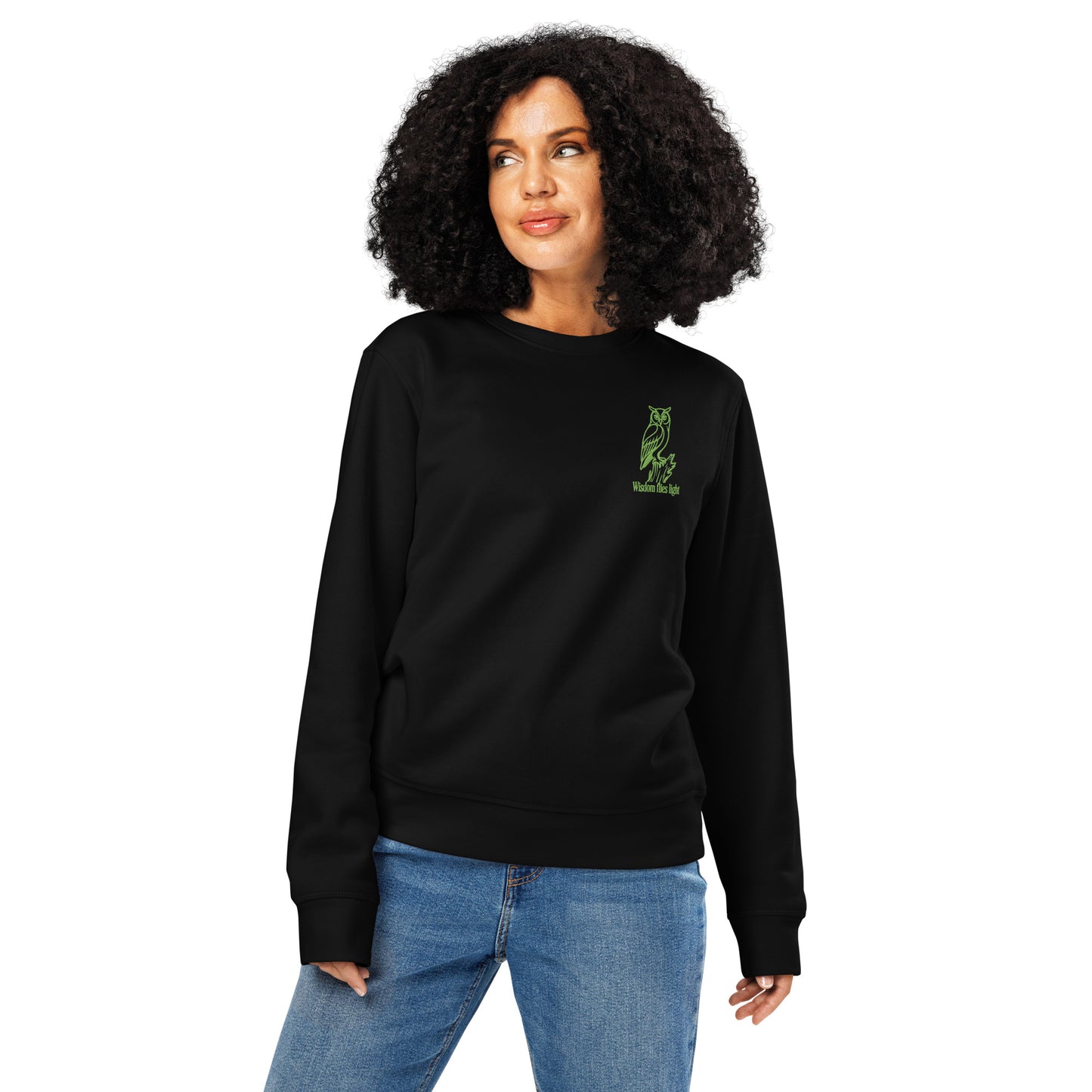 Owl Unisex Organic Mid-Weight Sweatshirt: 'Wisdom Flies Light' in Fall | Sustainable Fashion USA Black Dudeily