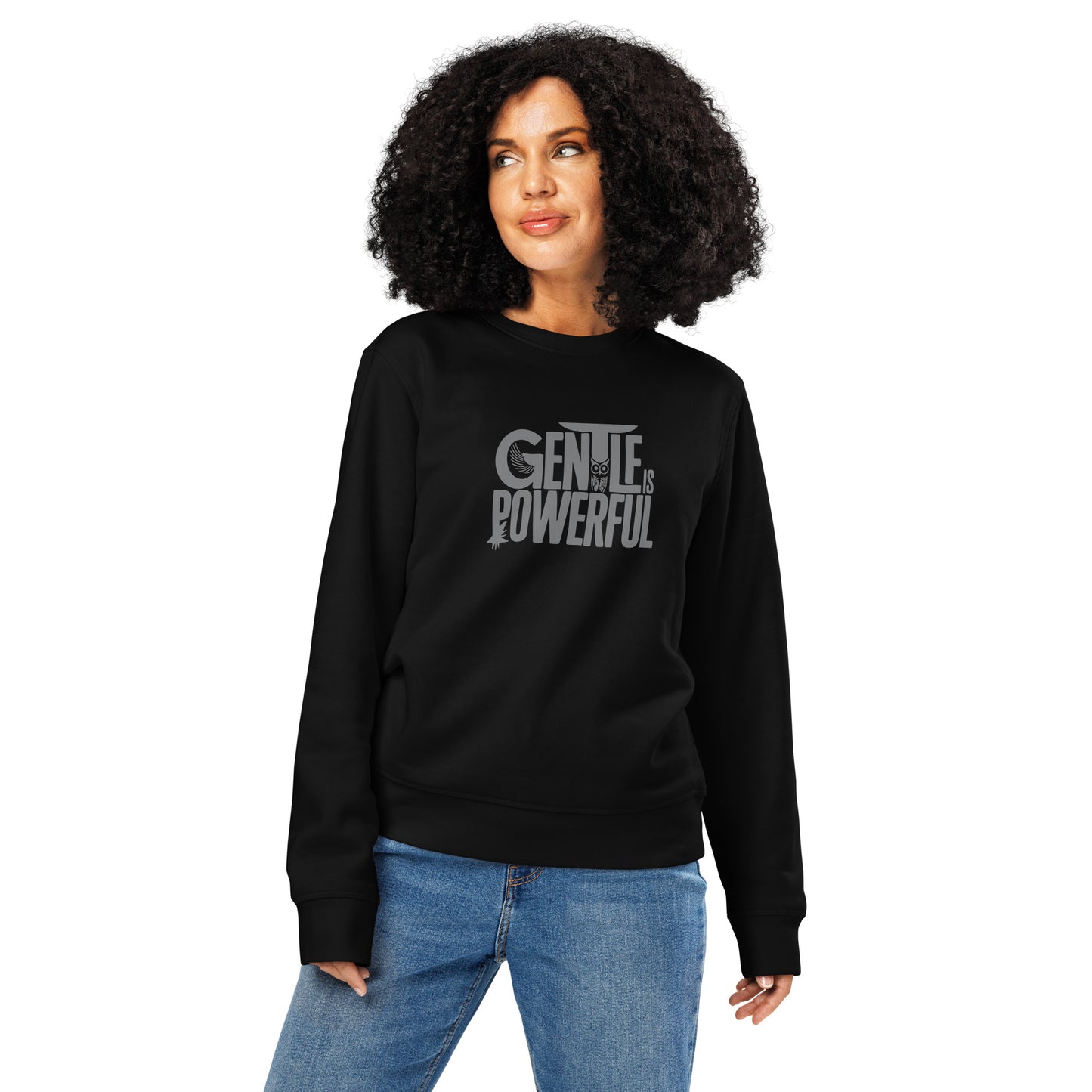 Unisex Organic Mid-Weight Sweatshirt "Gentle is Powerful" – Owl Print Sustainable Fashion Dudeily