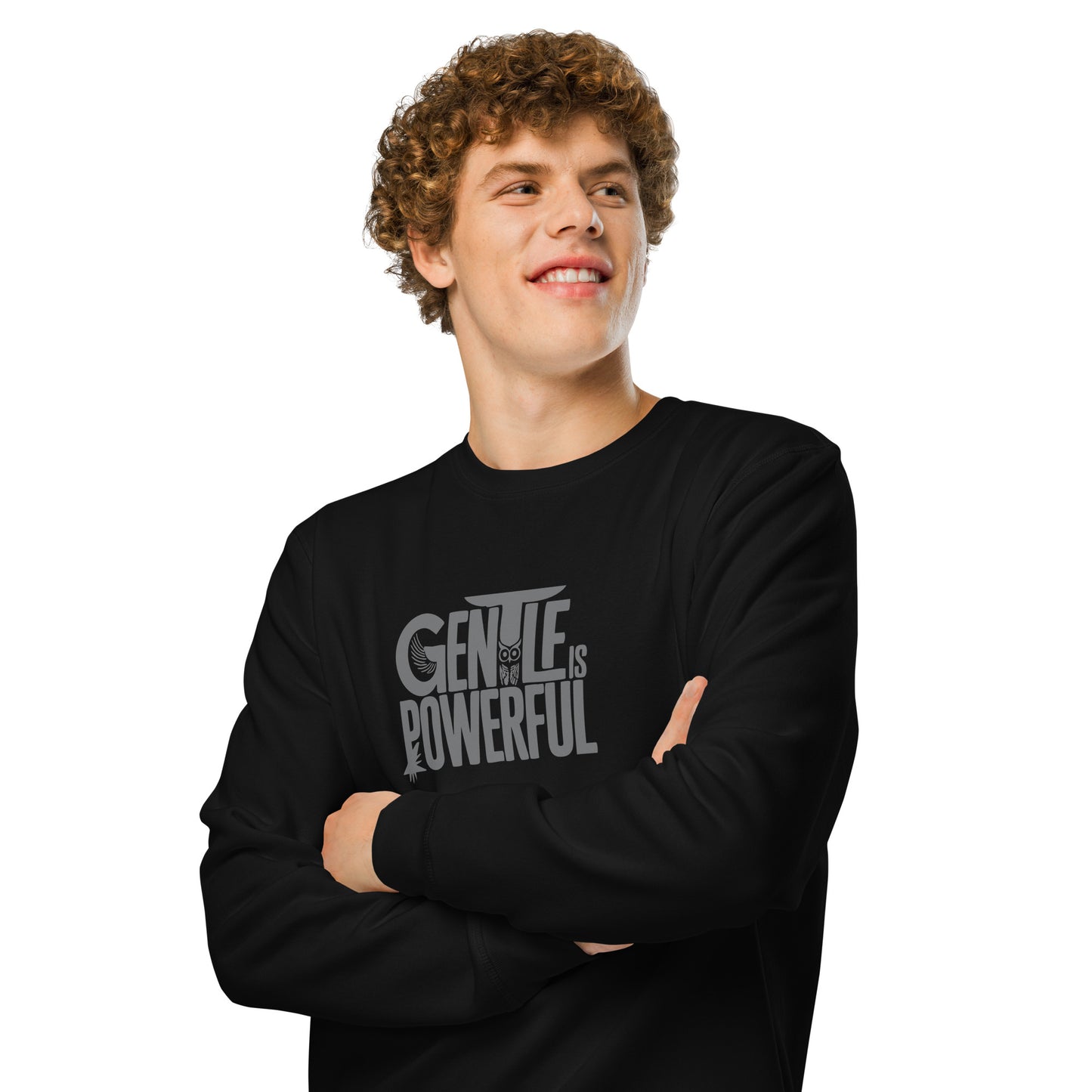 Unisex Organic Mid-Weight Sweatshirt "Gentle is Powerful" – Owl Print Sustainable Fashion Dudeily