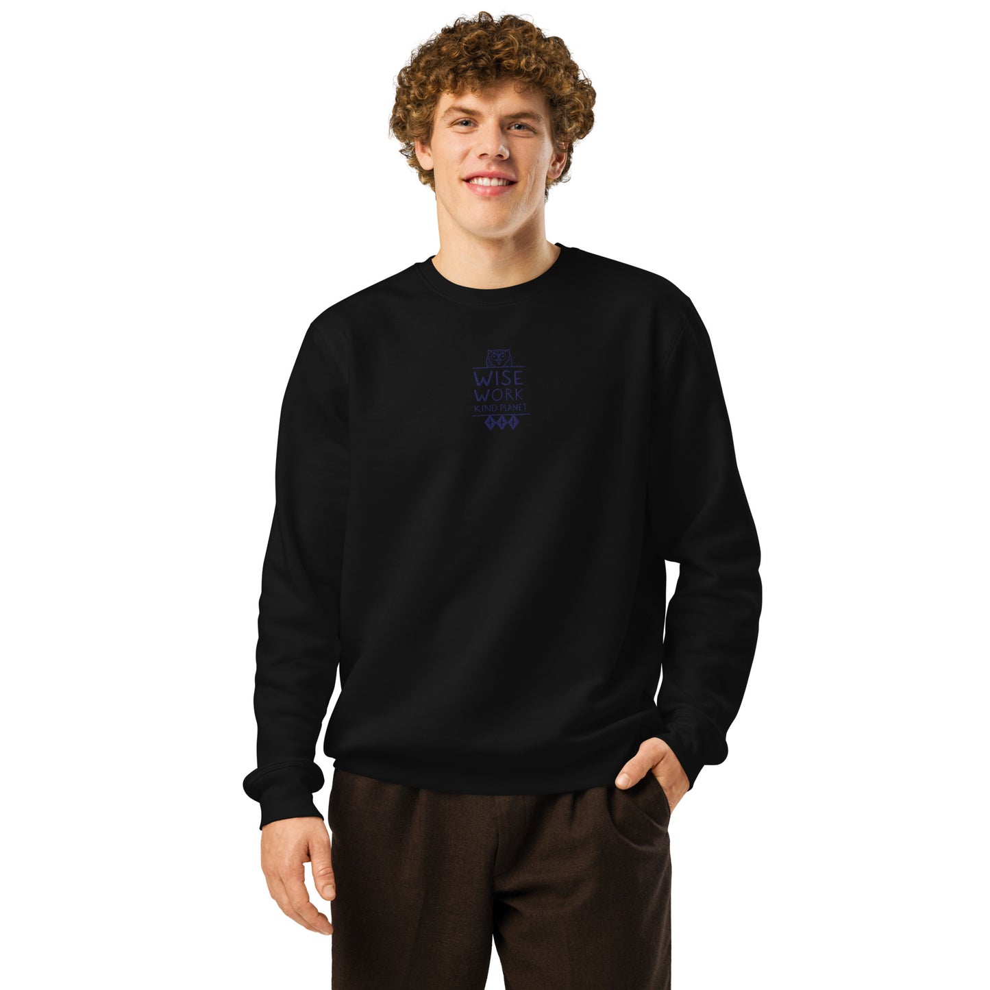 Unisex Organic Mid-Weight Sweatshirt: Wise Work, Kind Planet | Owl Embroidered Sustainable Fashion USA by Dudeily Dudeily