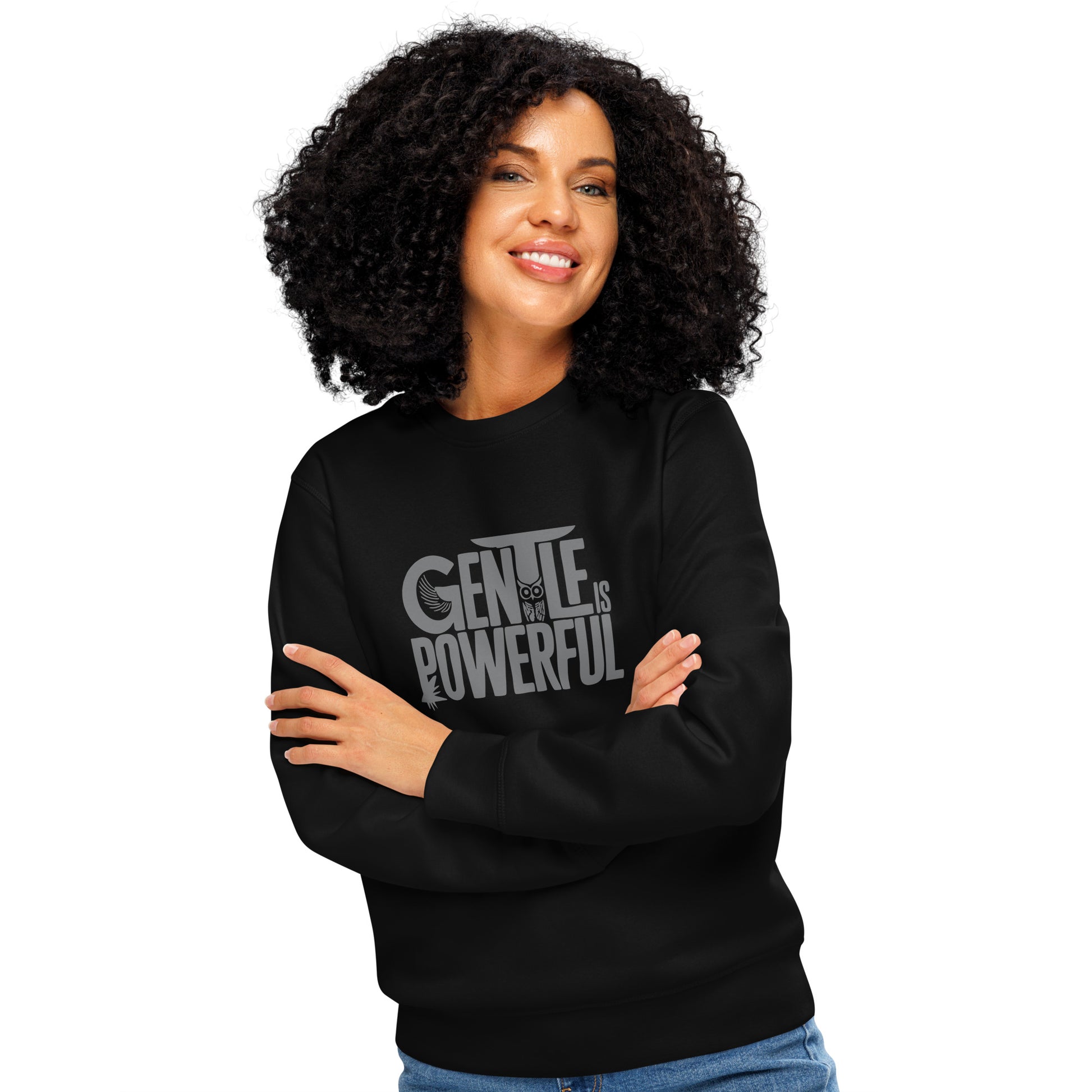 Unisex Organic Mid-Weight Sweatshirt "Gentle is Powerful" – Owl Print Sustainable Fashion Dudeily
