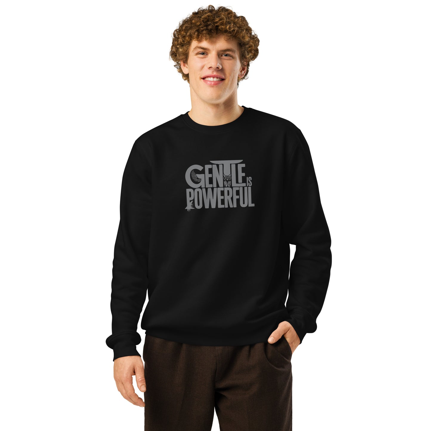 Unisex Organic Mid-Weight Sweatshirt "Gentle is Powerful" – Owl Print Sustainable Fashion Dudeily