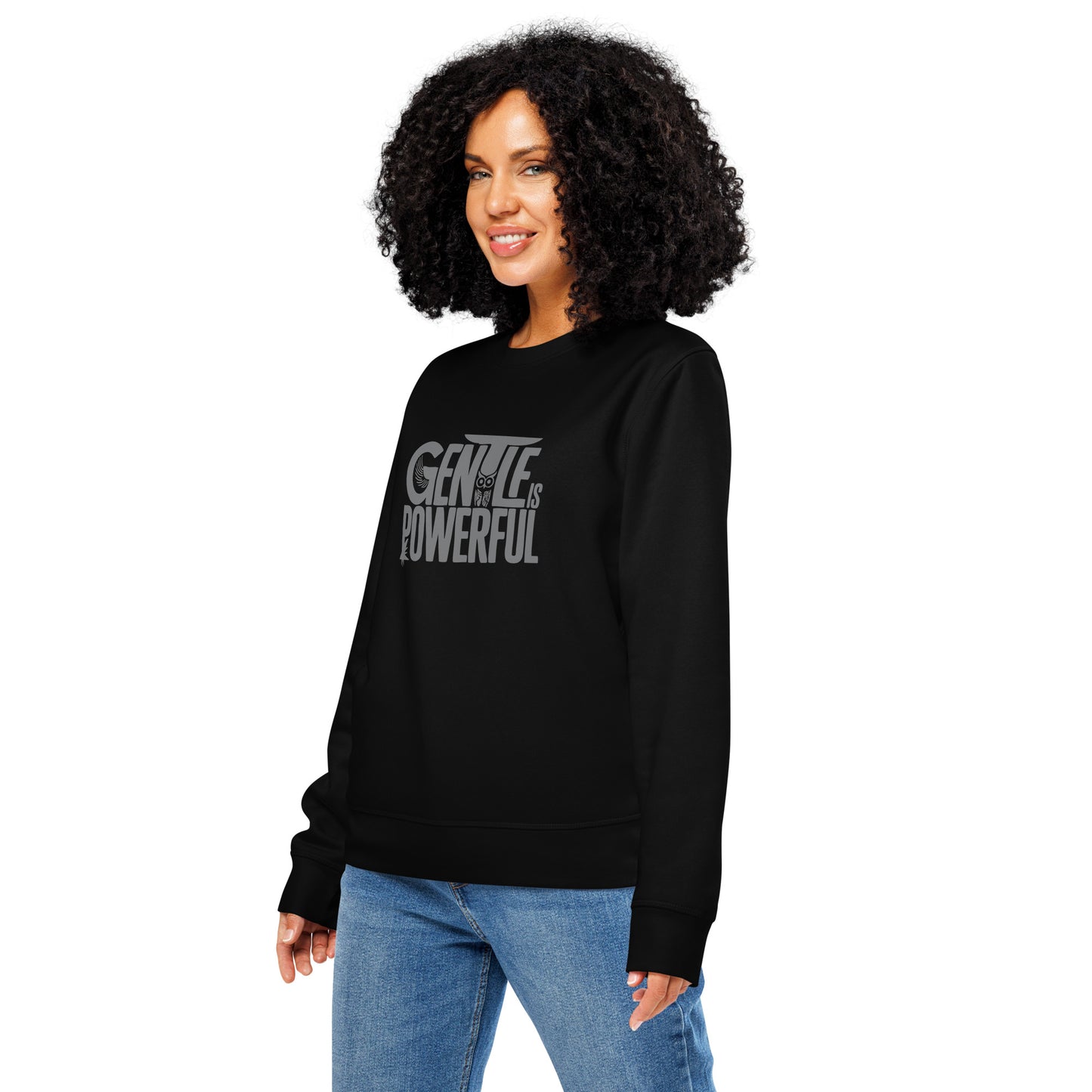 Unisex Organic Mid-Weight Sweatshirt "Gentle is Powerful" – Owl Print Sustainable Fashion Dudeily