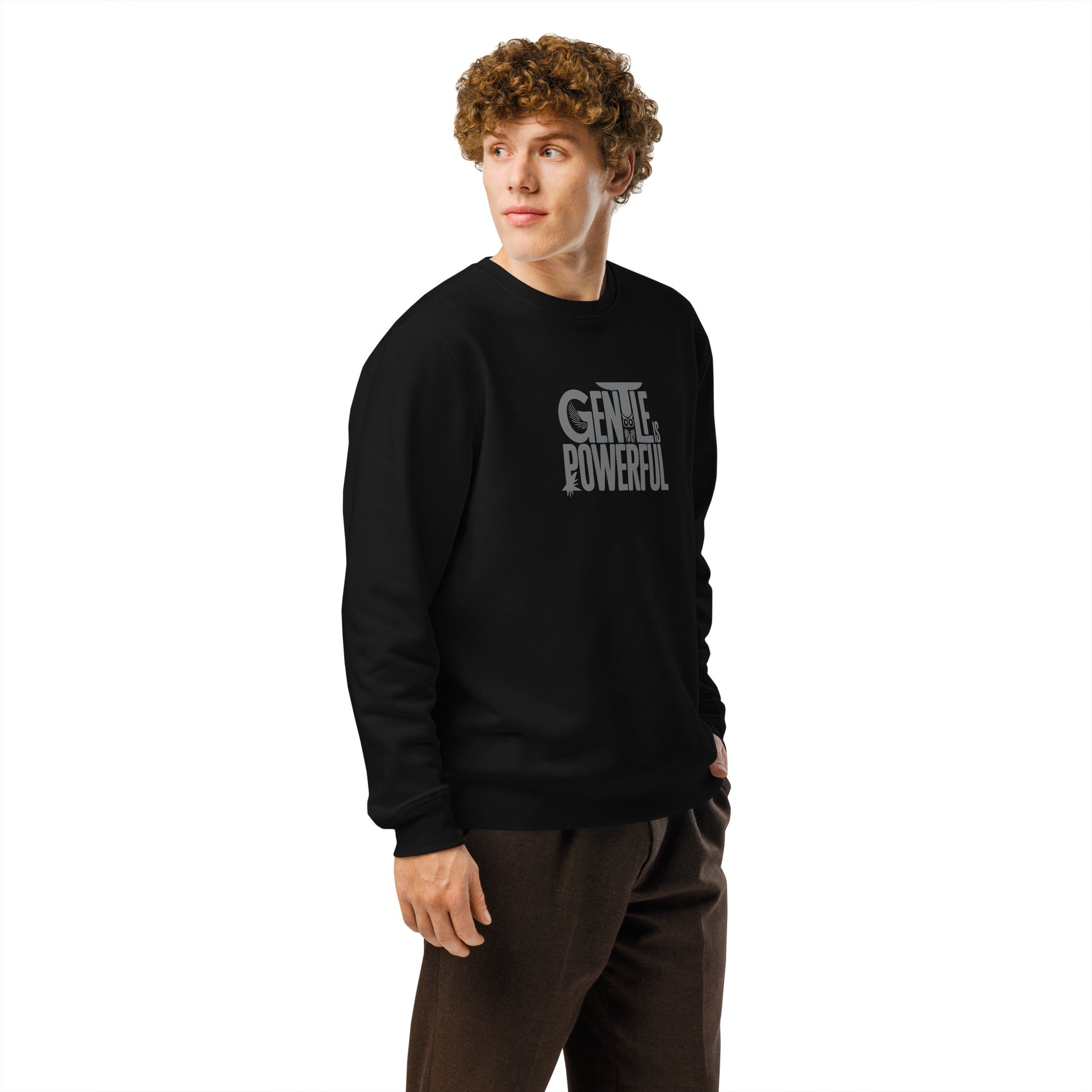 Unisex Organic Mid-Weight Sweatshirt "Gentle is Powerful" – Owl Print Sustainable Fashion Dudeily