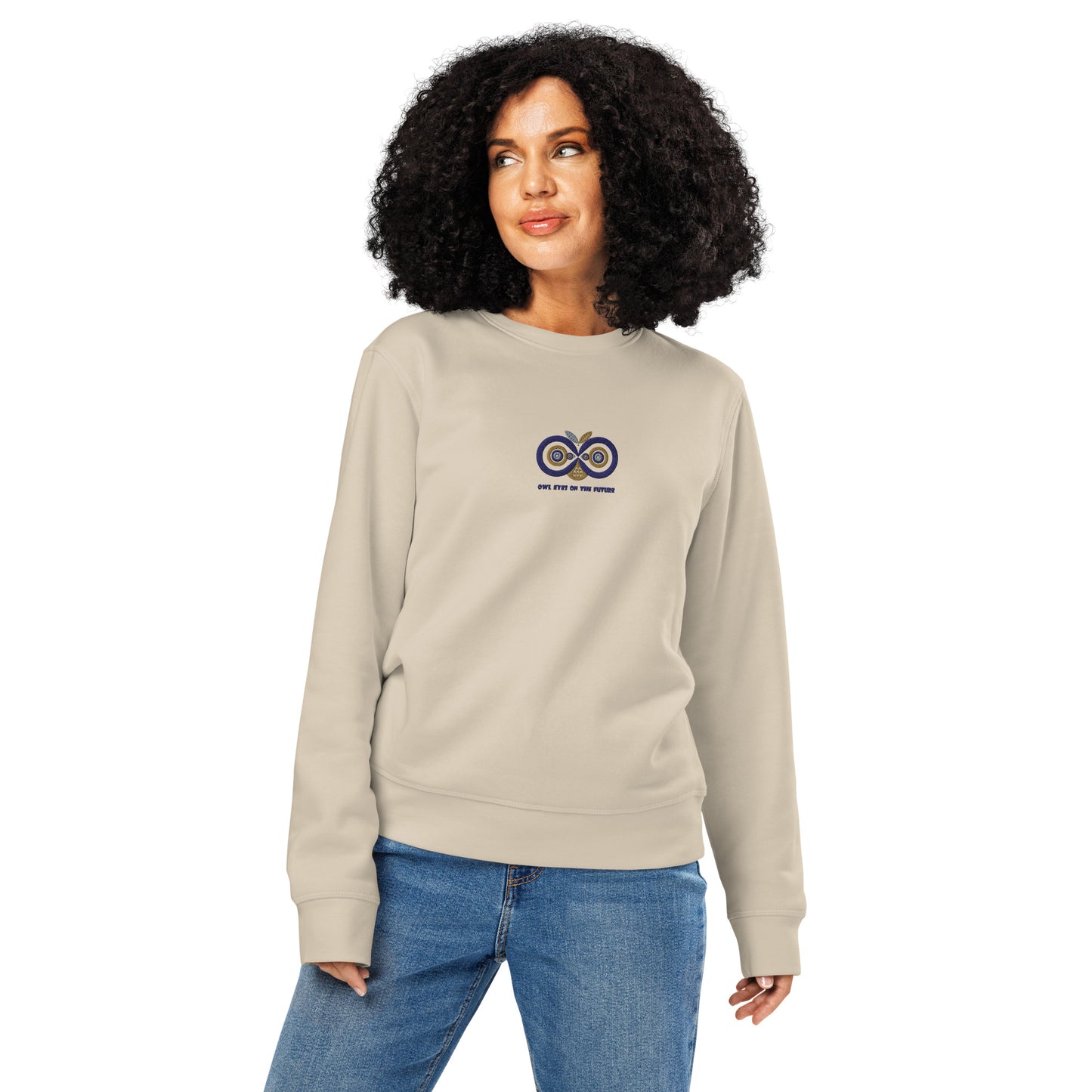 Unisex Organic Mid-Weight Sweatshirt: Owl Eyes on the Future | Owl Embroidered Sustainable Fashion USA Desert Dust Dudeily