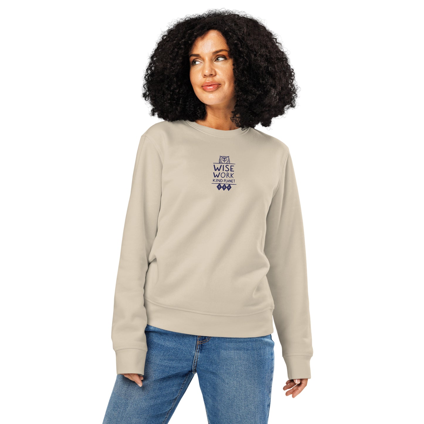 Unisex Organic Mid-Weight Sweatshirt: Wise Work, Kind Planet | Owl Embroidered Sustainable Fashion USA by Dudeily Desert Dust Dudeily