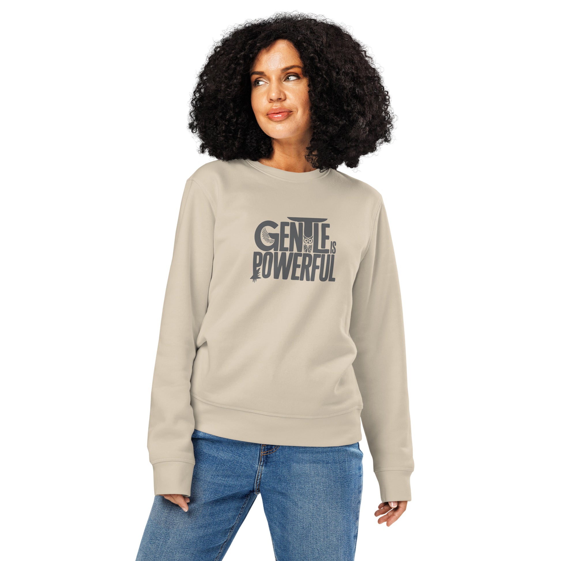 Unisex Organic Mid-Weight Sweatshirt "Gentle is Powerful" – Owl Print Sustainable Fashion Dudeily